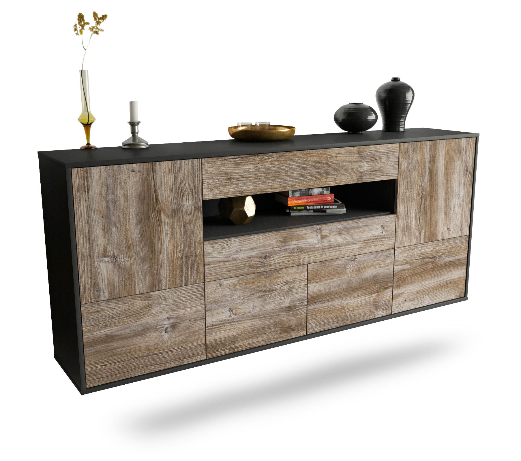 Sideboard McAllen | hängend | Korpus Anthrazit | Front in Treibholz Holz Optik | 180x79x35cm (BxHxT) 1 Sideboard McAllen | hängend | Korpus Anthrazit | Front in Treibholz Holz Optik | 180x79x35cm (BxHxT)