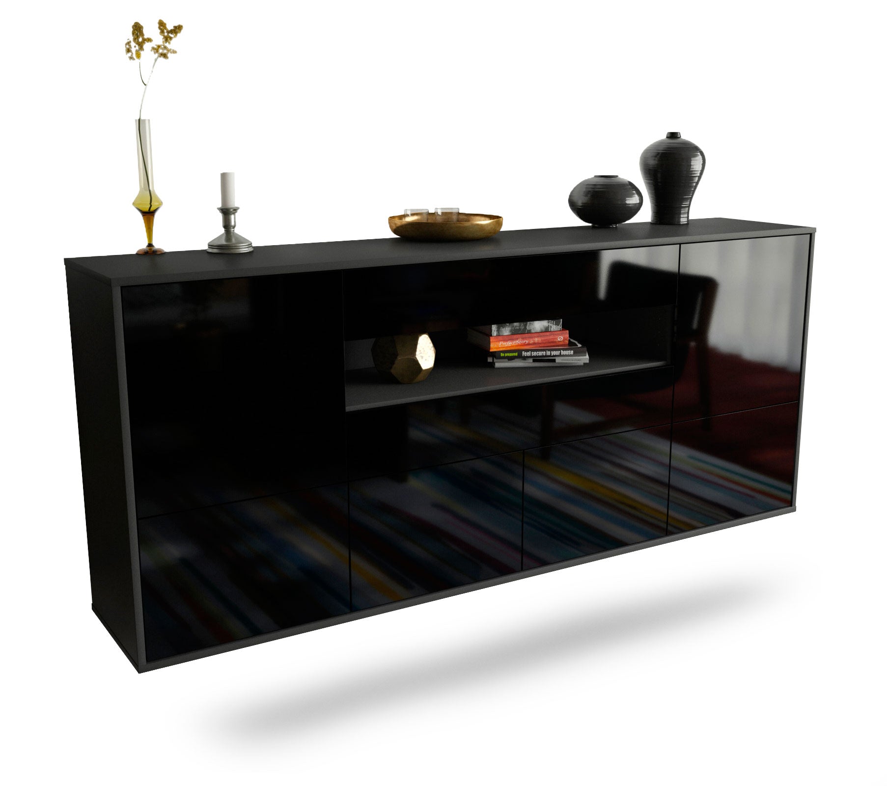 Sideboard McAllen | hängend | Korpus Anthrazit | Front in Hochglanz Schwarz | 180x79x35cm (BxHxT) 1 Sideboard McAllen | hängend | Korpus Anthrazit | Front in Hochglanz Schwarz | 180x79x35cm (BxHxT)
