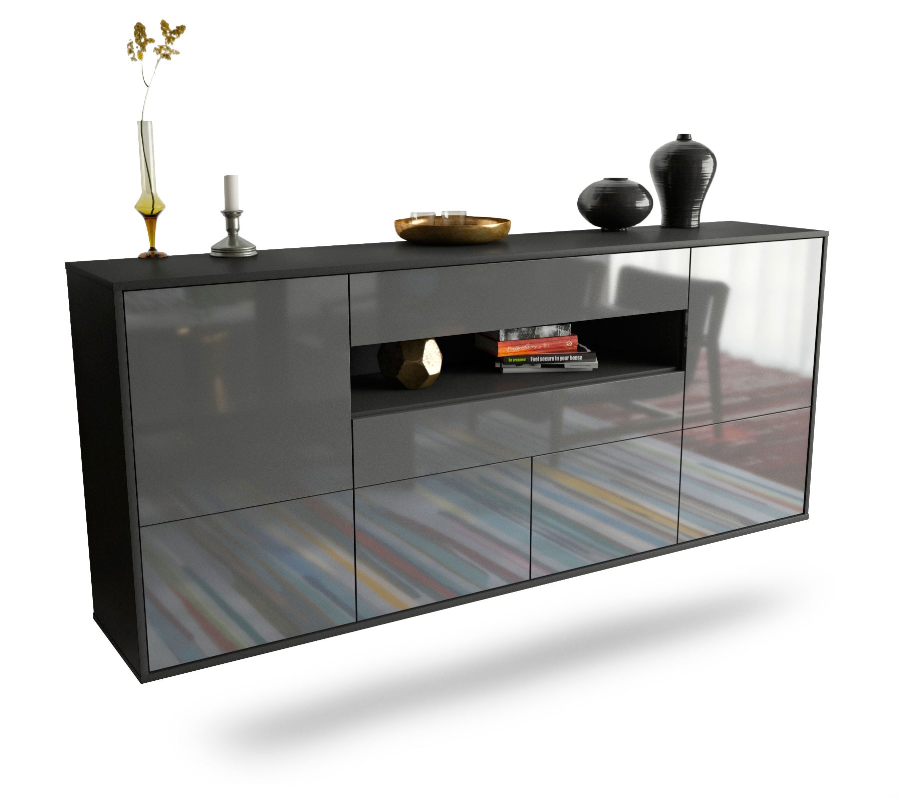 Sideboard McAllen | hängend | Korpus Anthrazit | Front in Hochglanz Grau | 180x79x35cm (BxHxT) 1 Sideboard McAllen | hängend | Korpus Anthrazit | Front in Hochglanz Grau | 180x79x35cm (BxHxT)
