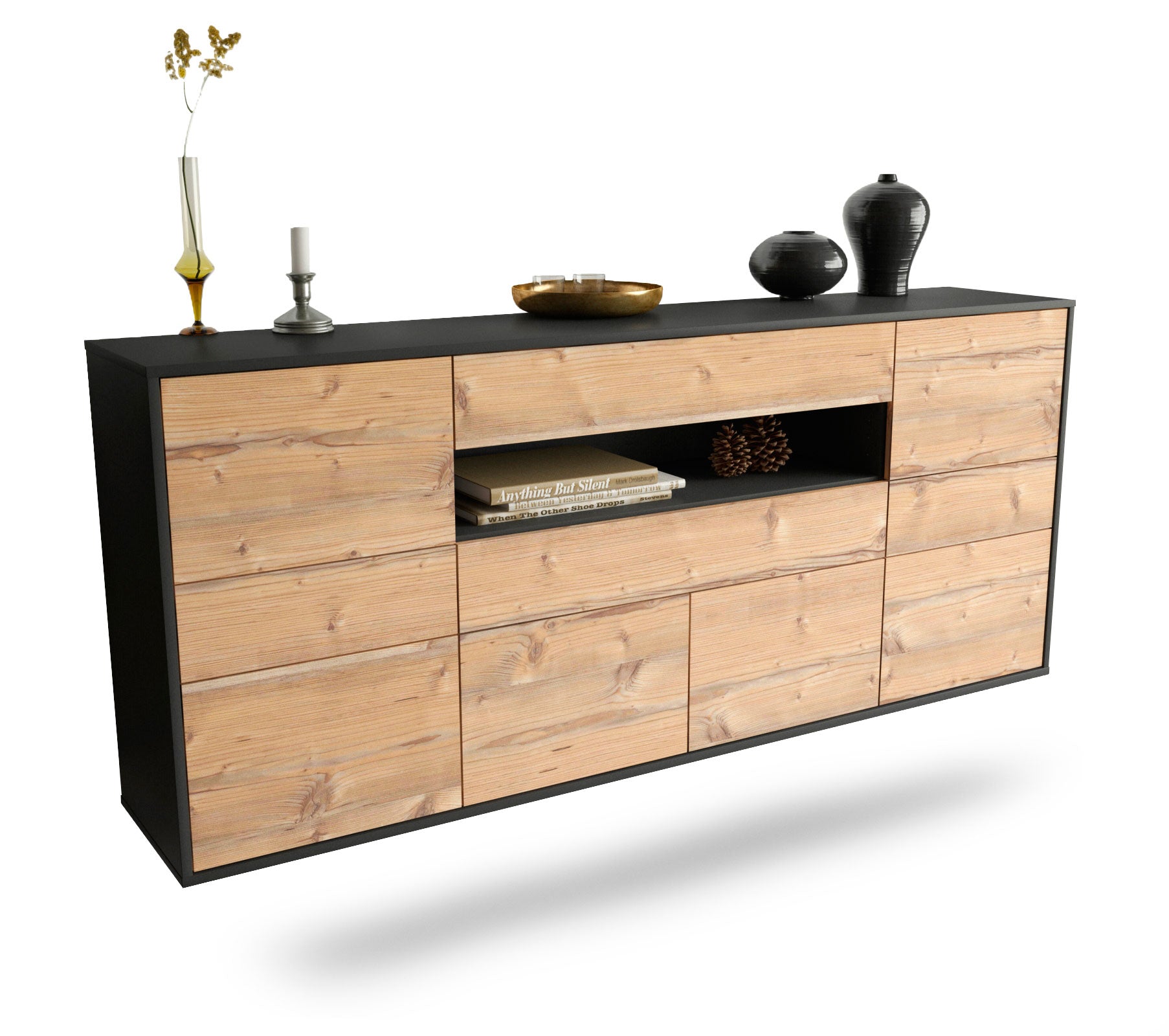 Sideboard Coral Springs | hängend | Korpus Anthrazit | Front in Pinie Holz Optik | 180x79x35cm (BxHxT) 1 Sideboard Coral Springs | hängend | Korpus Anthrazit | Front in Pinie Holz Optik | 180x79x35cm (BxHxT)