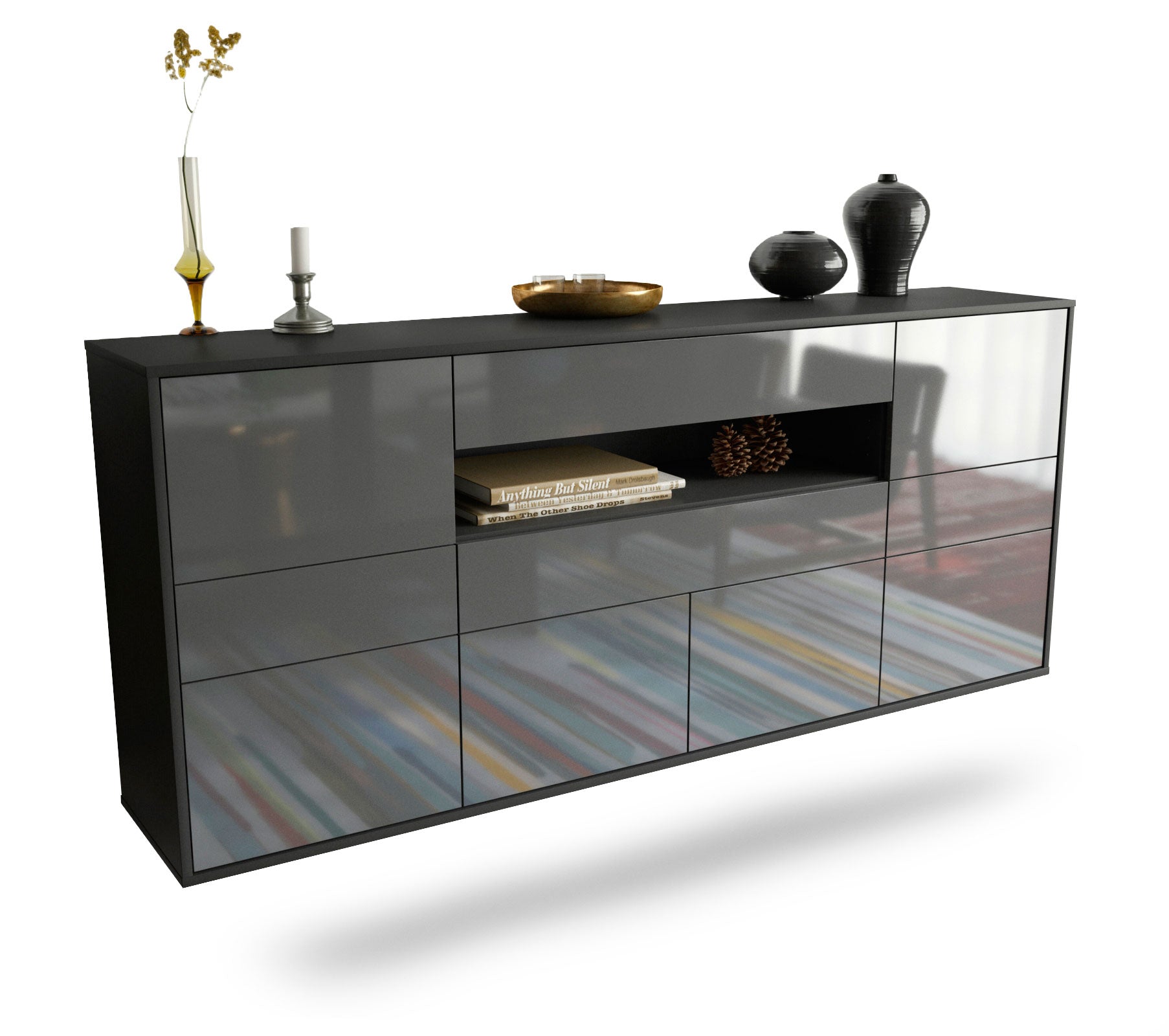 Sideboard Coral Springs | hängend | Korpus Anthrazit | Front in Hochglanz Grau | 180x79x35cm (BxHxT) 1 Sideboard Coral Springs | hängend | Korpus Anthrazit | Front in Hochglanz Grau | 180x79x35cm (BxHxT)