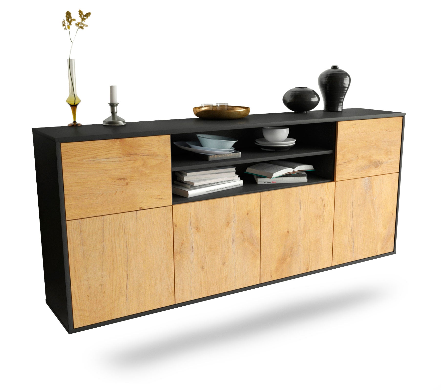 Sideboard Cedar Rapids | hängend | Korpus Anthrazit | Front in Eiche Holz Optik | 180x79x35cm (BxHxT) 1 Sideboard Cedar Rapids | hängend | Korpus Anthrazit | Front in Eiche Holz Optik | 180x79x35cm (BxHxT)