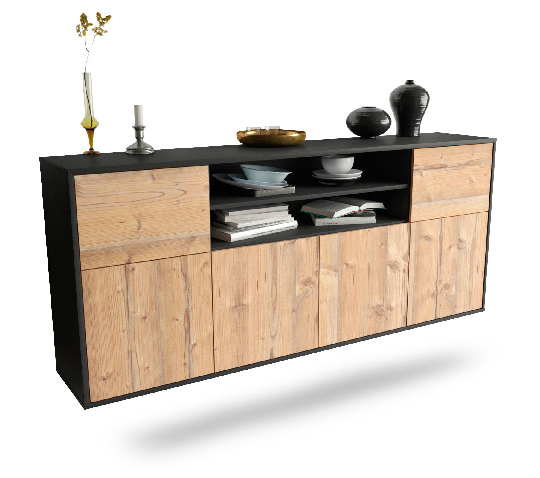 Sideboard Cedar Rapids | hängend | Korpus Anthrazit | Front in Pinie Holz Optik | 180x79x35cm (BxHxT) 1 Sideboard Cedar Rapids | hängend | Korpus Anthrazit | Front in Pinie Holz Optik | 180x79x35cm (BxHxT)