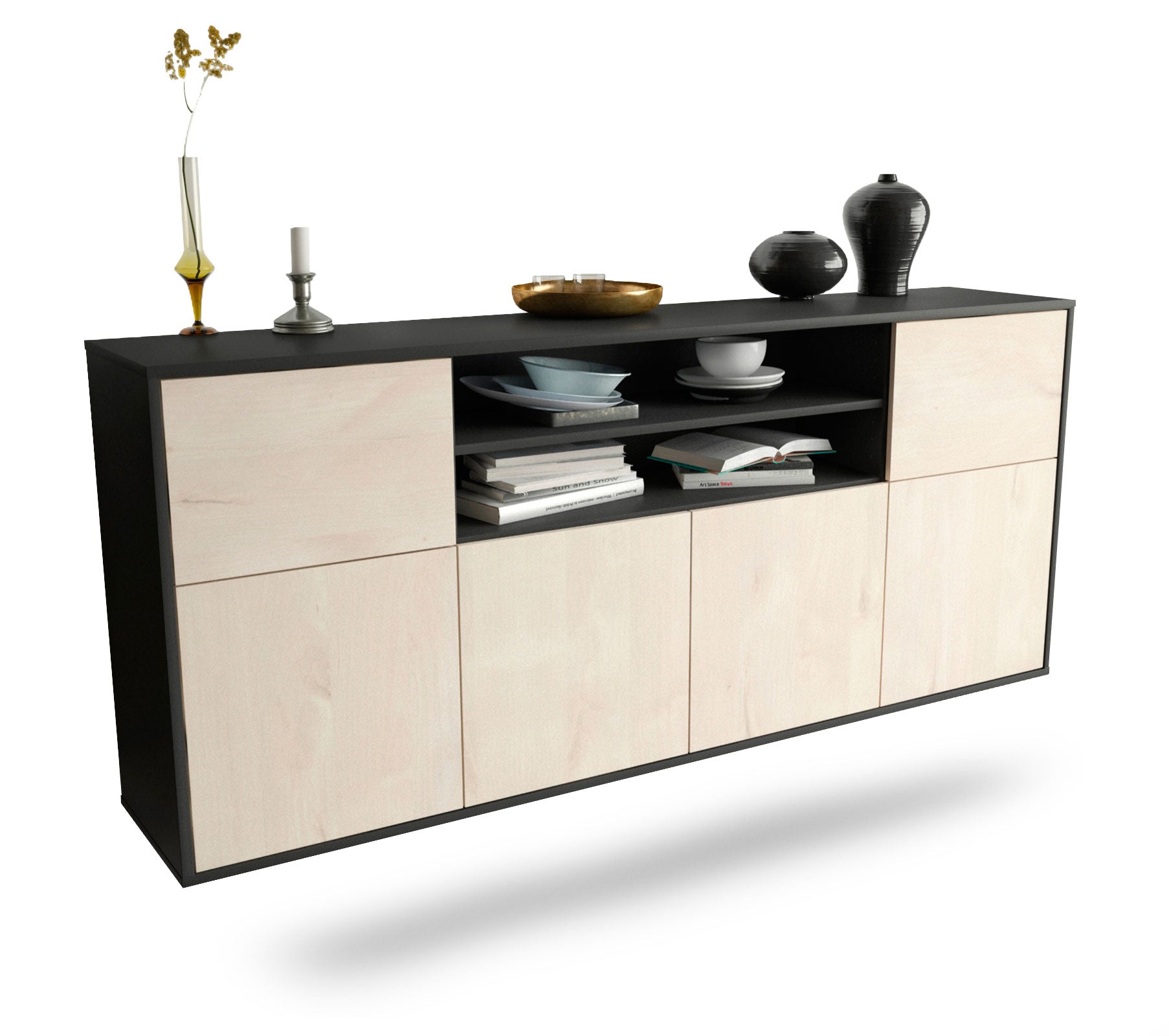 Sideboard Cedar Rapids | hängend | Korpus Anthrazit | Front in Zeder Holz Optik | 180x79x35cm (BxHxT) 1 Sideboard Cedar Rapids | hängend | Korpus Anthrazit | Front in Zeder Holz Optik | 180x79x35cm (BxHxT)