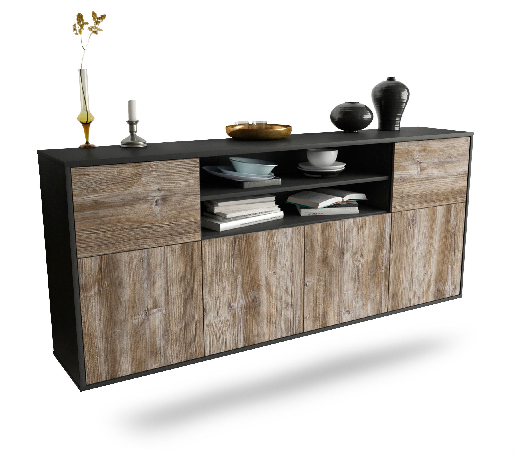 Sideboard Cedar Rapids | hängend | Korpus Anthrazit | Front in Treibholz Holz Optik | 180x79x35cm (BxHxT) 1 Sideboard Cedar Rapids | hängend | Korpus Anthrazit | Front in Treibholz Holz Optik | 180x79x35cm (BxHxT)