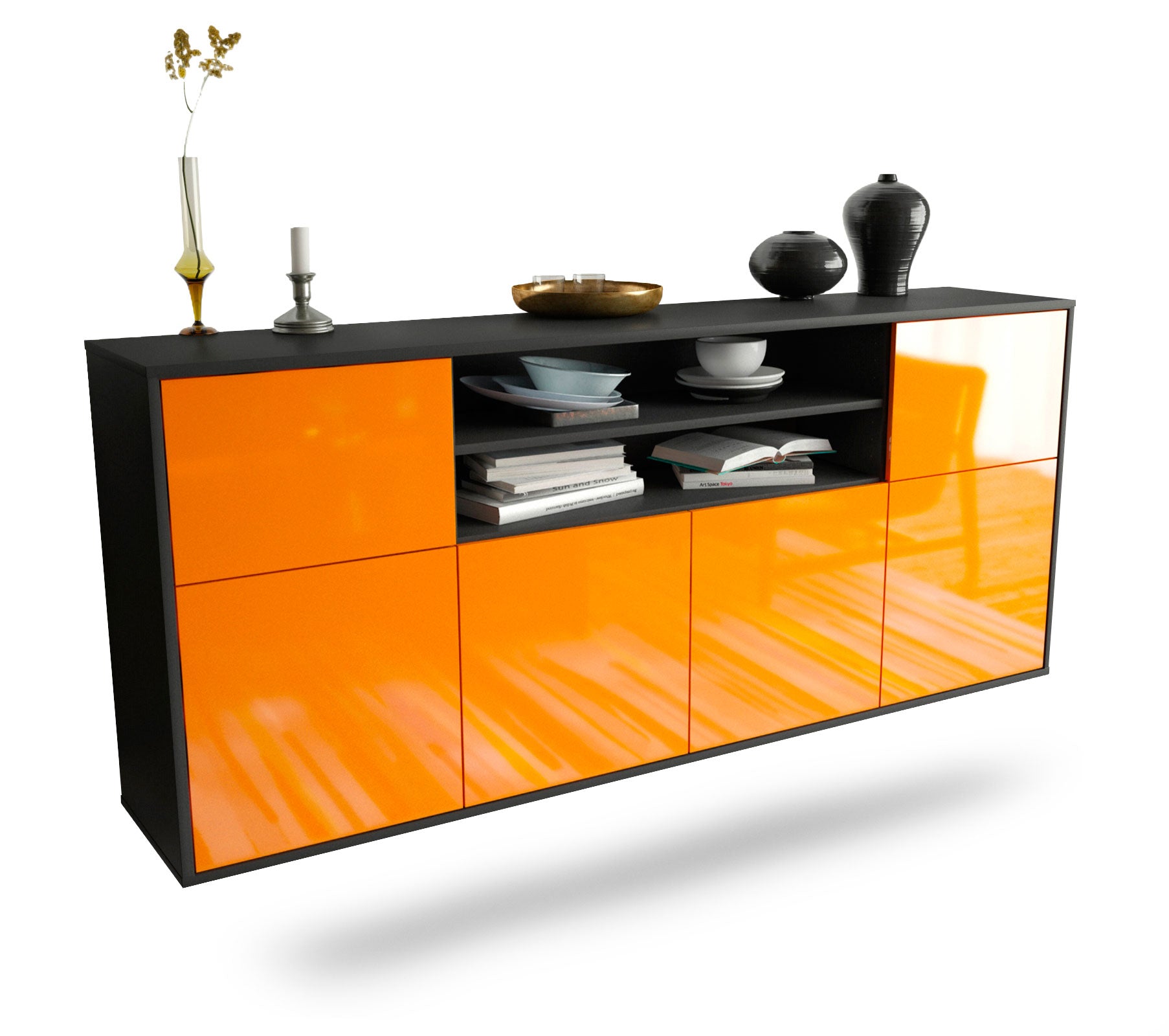 Sideboard Cedar Rapids | hängend | Korpus Anthrazit | Front in Hochglanz Orange | 180x79x35cm (BxHxT) 1 Sideboard Cedar Rapids | hängend | Korpus Anthrazit | Front in Hochglanz Orange | 180x79x35cm (BxHxT)