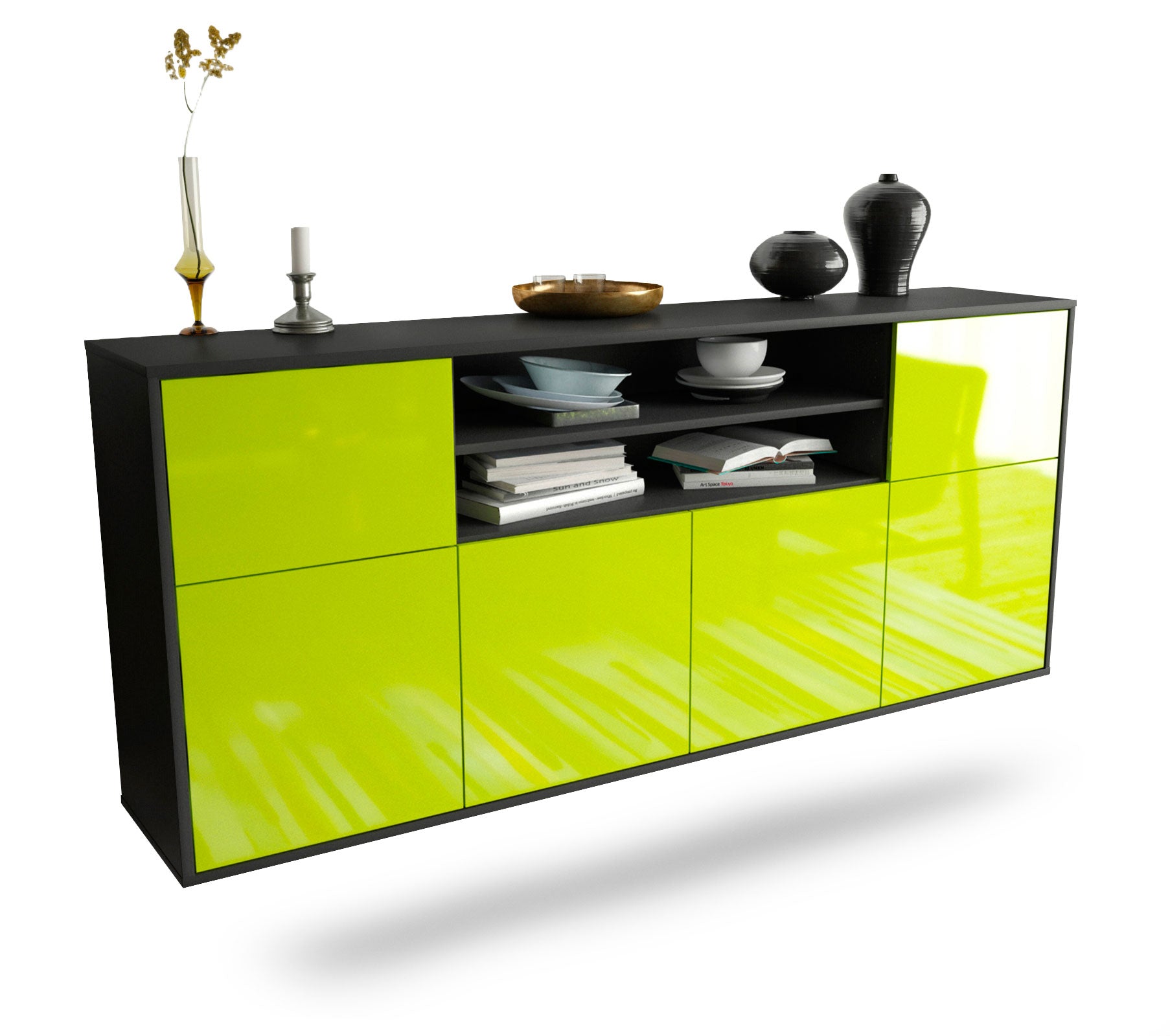 Sideboard Cedar Rapids | hängend | Korpus Anthrazit | Front in Hochglanz Grün | 180x79x35cm (BxHxT) 1 Sideboard Cedar Rapids | hängend | Korpus Anthrazit | Front in Hochglanz Grün | 180x79x35cm (BxHxT)