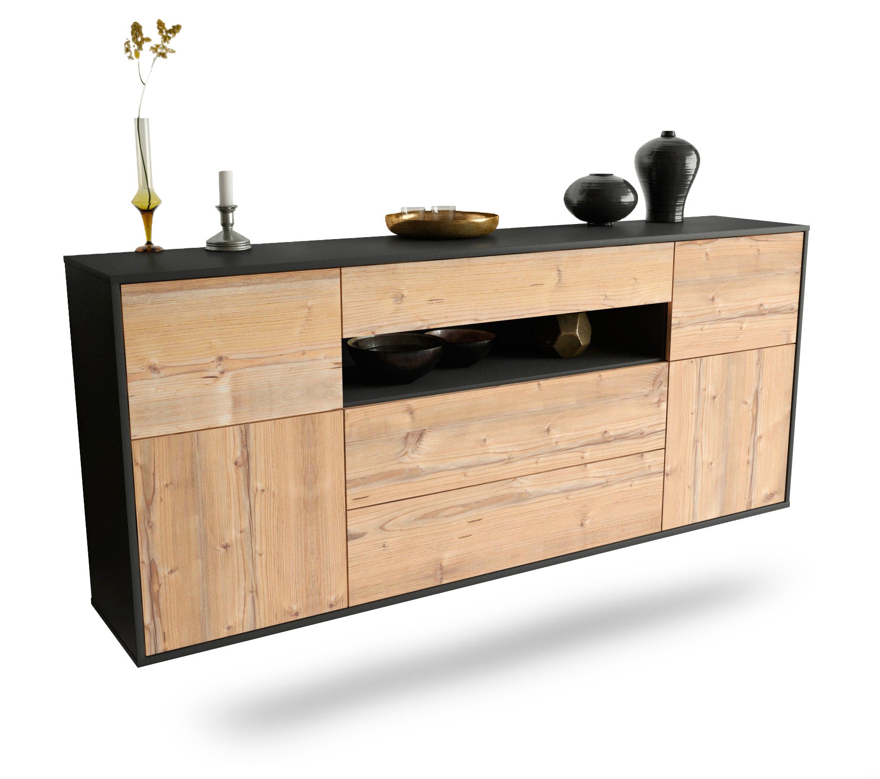 Sideboard Elizabeth | hängend | Korpus Anthrazit | Front in Pinie Holz Optik | 180x79x35cm (BxHxT) 1 Sideboard Elizabeth | hängend | Korpus Anthrazit | Front in Pinie Holz Optik | 180x79x35cm (BxHxT)