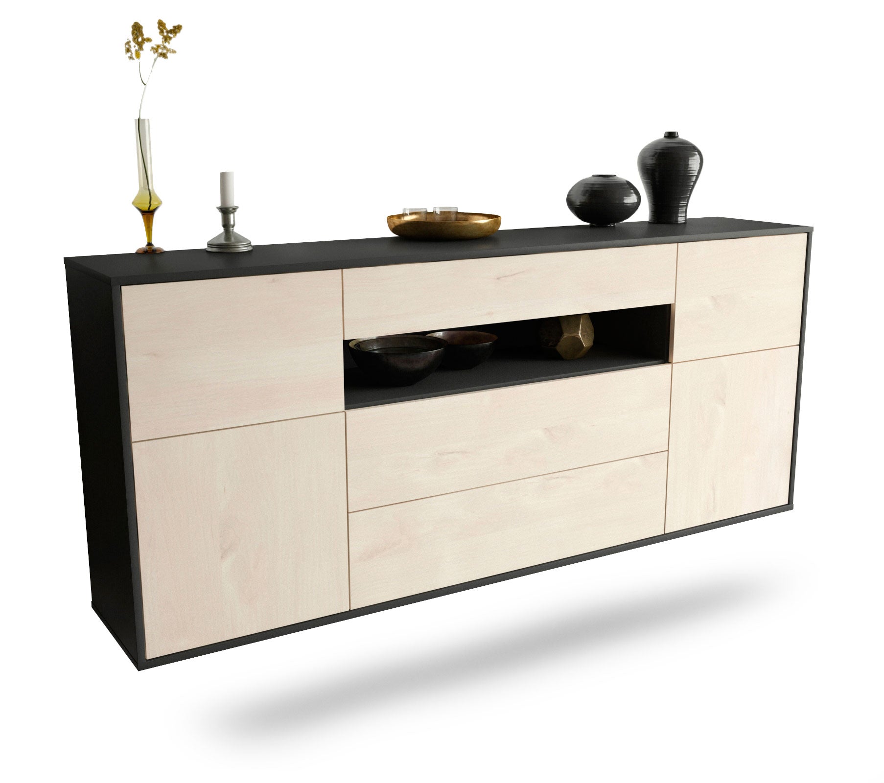 Sideboard Elizabeth | hängend | Korpus Anthrazit | Front in Zeder Holz Optik | 180x79x35cm (BxHxT) 1 Sideboard Elizabeth | hängend | Korpus Anthrazit | Front in Zeder Holz Optik | 180x79x35cm (BxHxT)