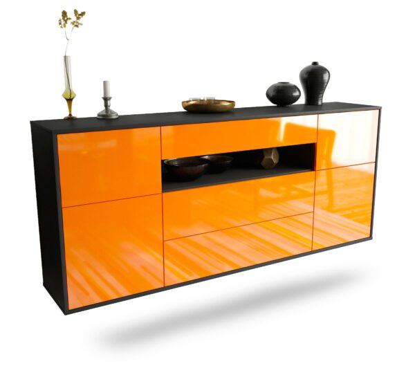 Sideboard Elizabeth | hängend | Korpus Anthrazit | Front in Hochglanz Orange | 180x79x35cm (BxHxT)
