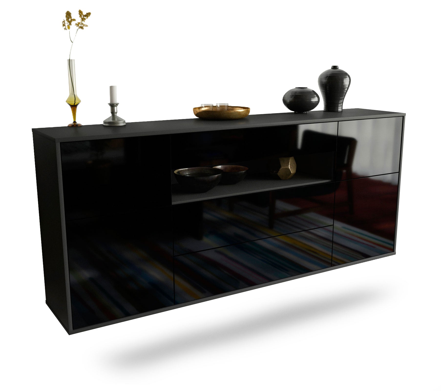 Sideboard Elizabeth | hängend | Korpus Anthrazit | Front in Hochglanz Schwarz | 180x79x35cm (BxHxT) 1 Sideboard Elizabeth | hängend | Korpus Anthrazit | Front in Hochglanz Schwarz | 180x79x35cm (BxHxT)