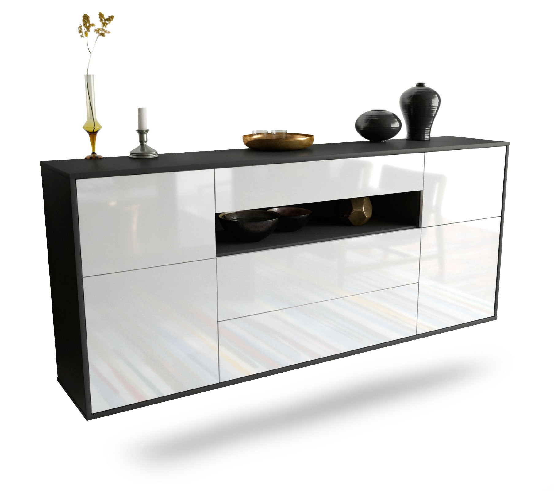 Sideboard Elizabeth | hängend | Korpus Anthrazit | Front in Hochglanz Weiß | 180x79x35cm (BxHxT) 1 Sideboard Elizabeth | hängend | Korpus Anthrazit | Front in Hochglanz Weiß | 180x79x35cm (BxHxT)