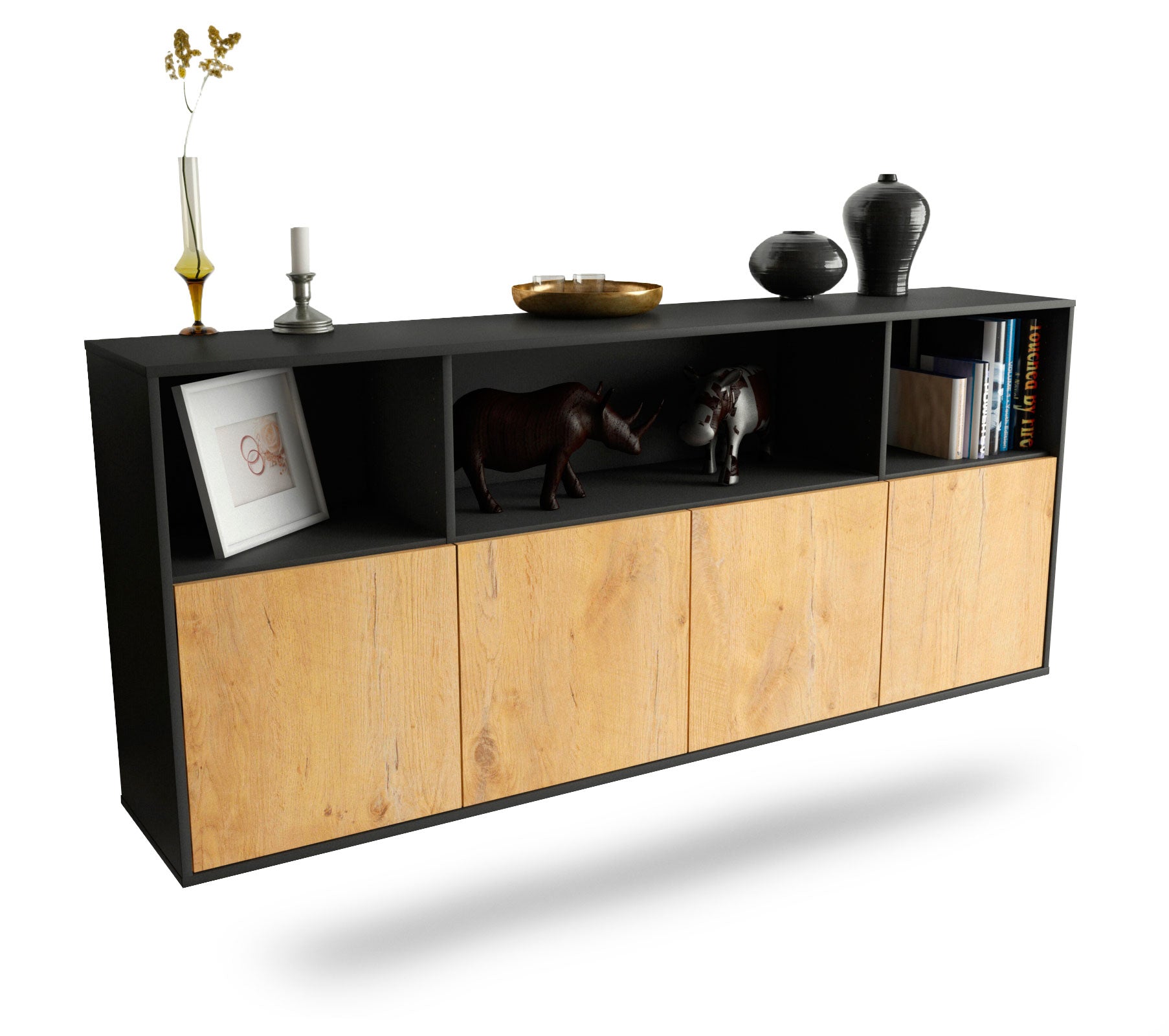 Sideboard Columbia | hängend | Korpus Anthrazit | Front in Eiche Holz Optik | 180x79x35cm (BxHxT) 1 Sideboard Columbia | hängend | Korpus Anthrazit | Front in Eiche Holz Optik | 180x79x35cm (BxHxT)
