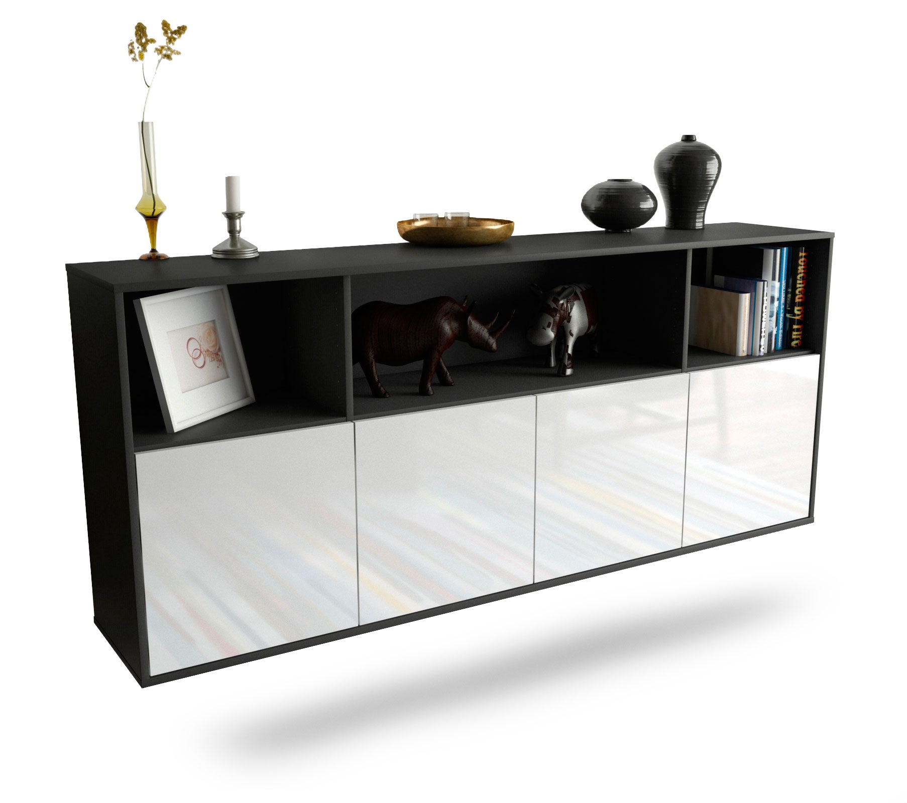 Sideboard Columbia | hängend | Korpus Anthrazit | Front in Hochglanz Weiß | 180x79x35cm (BxHxT) 1 Sideboard Columbia | hängend | Korpus Anthrazit | Front in Hochglanz Weiß | 180x79x35cm (BxHxT)