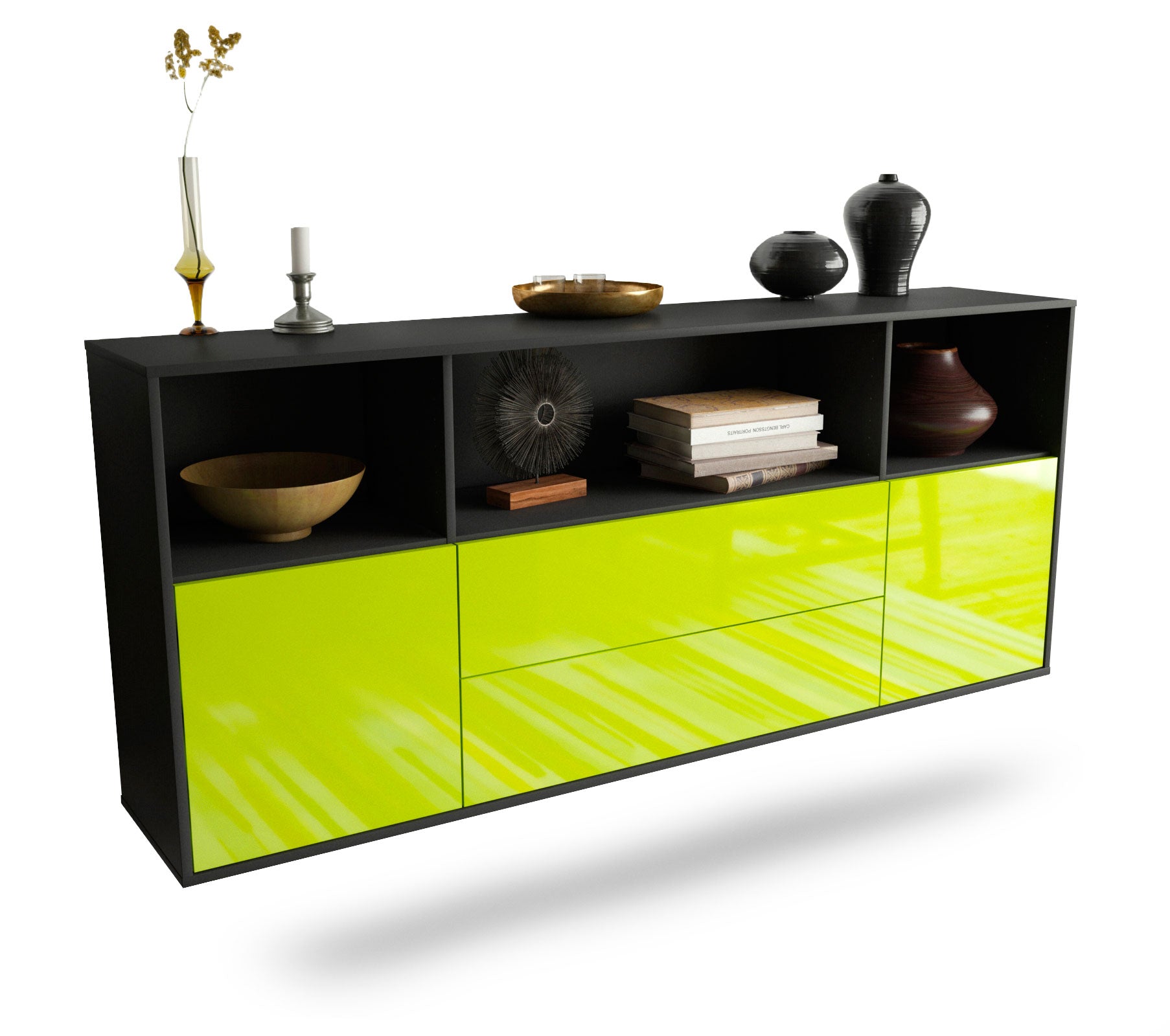 Sideboard Hartford | hängend | Korpus Anthrazit | Front in Hochglanz Grün | 180x79x35cm (BxHxT) 1 Sideboard Hartford | hängend | Korpus Anthrazit | Front in Hochglanz Grün | 180x79x35cm (BxHxT)