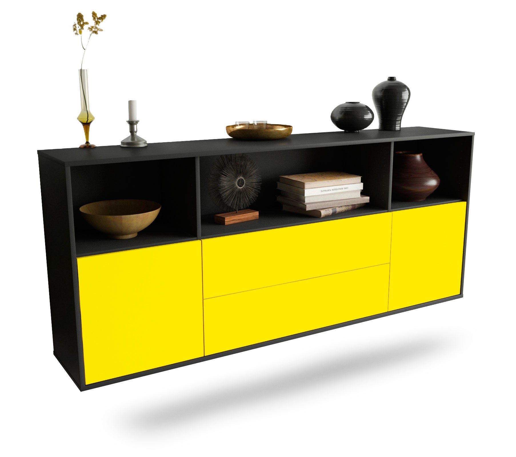 Sideboard Hartford | hängend | Korpus Anthrazit | Front in Gelb | 180x79x35cm (BxHxT) 1 Sideboard Hartford | hängend | Korpus Anthrazit | Front in Gelb | 180x79x35cm (BxHxT)