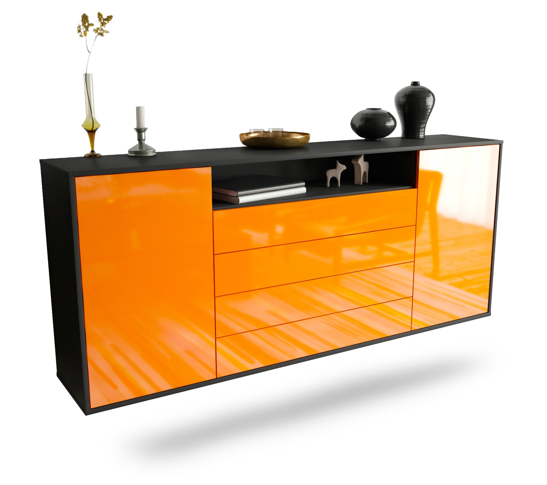 Sideboard New Haven | hängend | Korpus Anthrazit | Front in Hochglanz Orange | 180x79x35cm (BxHxT) 1 Sideboard New Haven | hängend | Korpus Anthrazit | Front in Hochglanz Orange | 180x79x35cm (BxHxT)