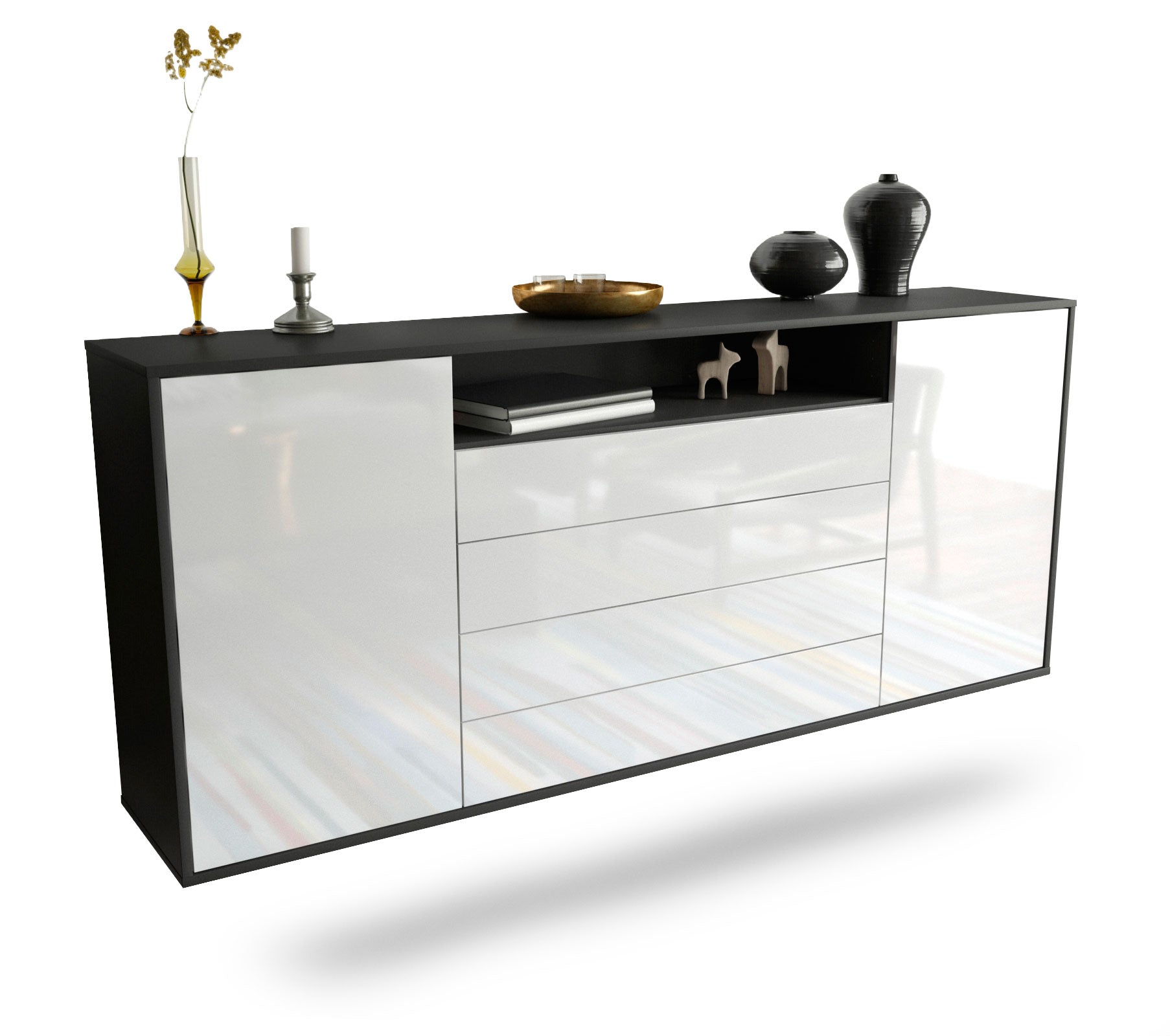 Sideboard New Haven | hängend | Korpus Anthrazit | Front in Hochglanz Weiß | 180x79x35cm (BxHxT) 1 Sideboard New Haven | hängend | Korpus Anthrazit | Front in Hochglanz Weiß | 180x79x35cm (BxHxT)