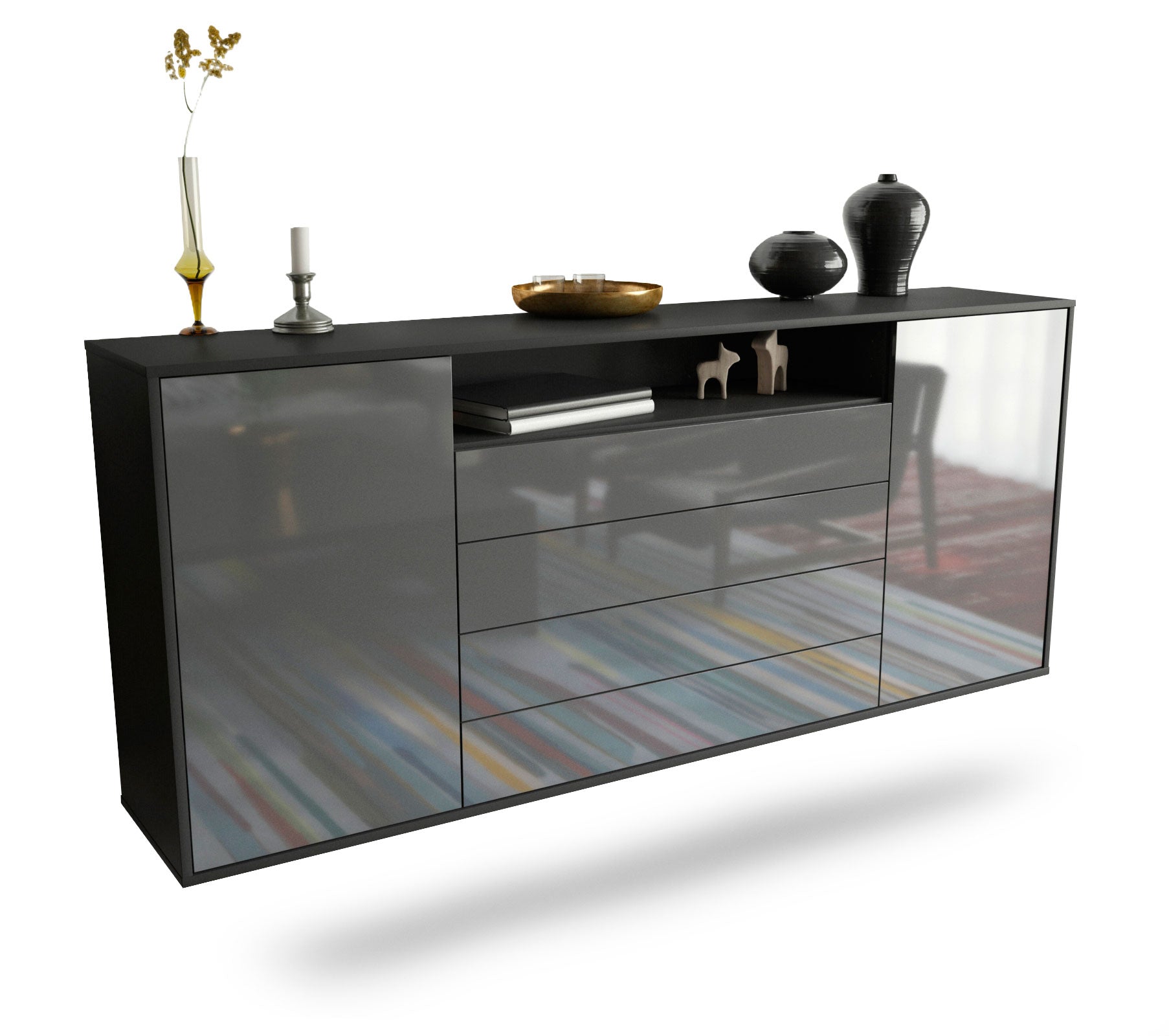 Sideboard New Haven | hängend | Korpus Anthrazit | Front in Hochglanz Grau | 180x79x35cm (BxHxT) 1 Sideboard New Haven | hängend | Korpus Anthrazit | Front in Hochglanz Grau | 180x79x35cm (BxHxT)