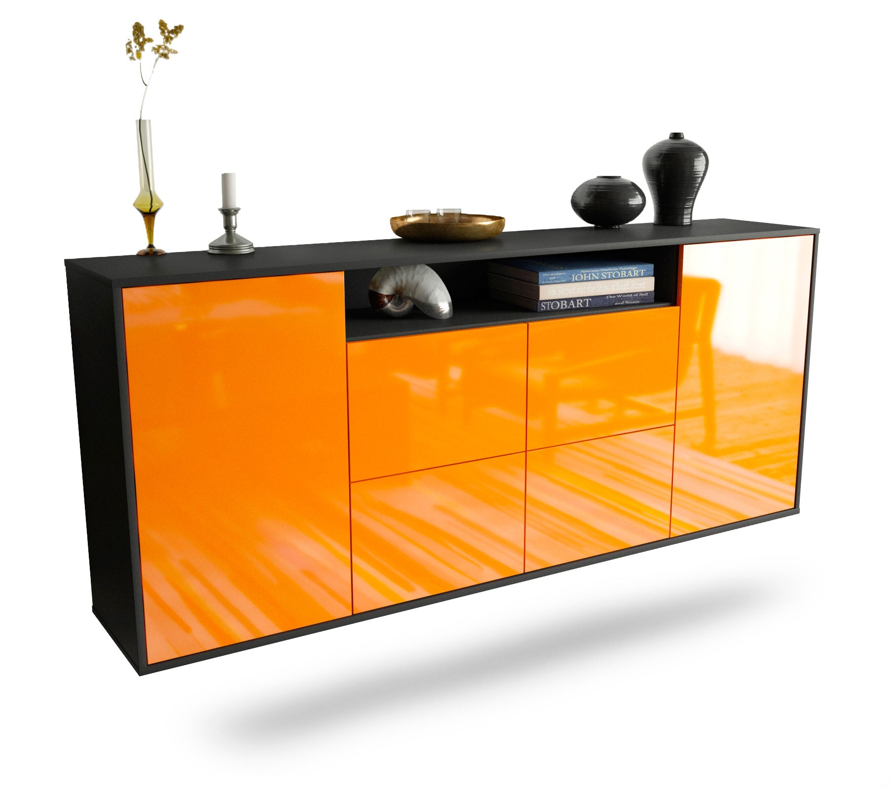 Sideboard Carrollton | hängend | Korpus Anthrazit | Front in Hochglanz Orange | 180x79x35cm (BxHxT) 1 Sideboard Carrollton | hängend | Korpus Anthrazit | Front in Hochglanz Orange | 180x79x35cm (BxHxT)