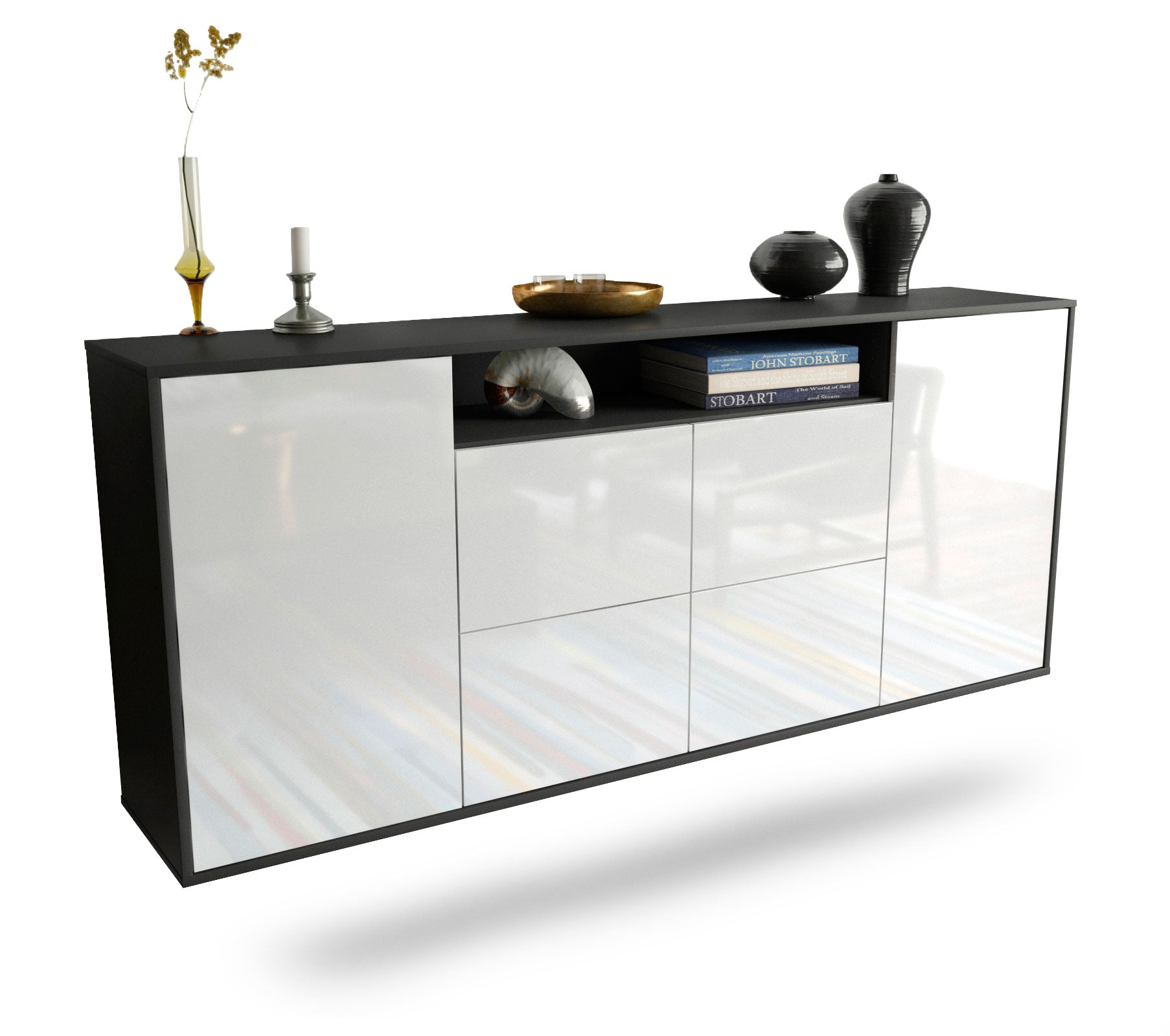 Sideboard Carrollton | hängend | Korpus Anthrazit | Front in Hochglanz Weiß | 180x79x35cm (BxHxT) 1 Sideboard Carrollton | hängend | Korpus Anthrazit | Front in Hochglanz Weiß | 180x79x35cm (BxHxT)