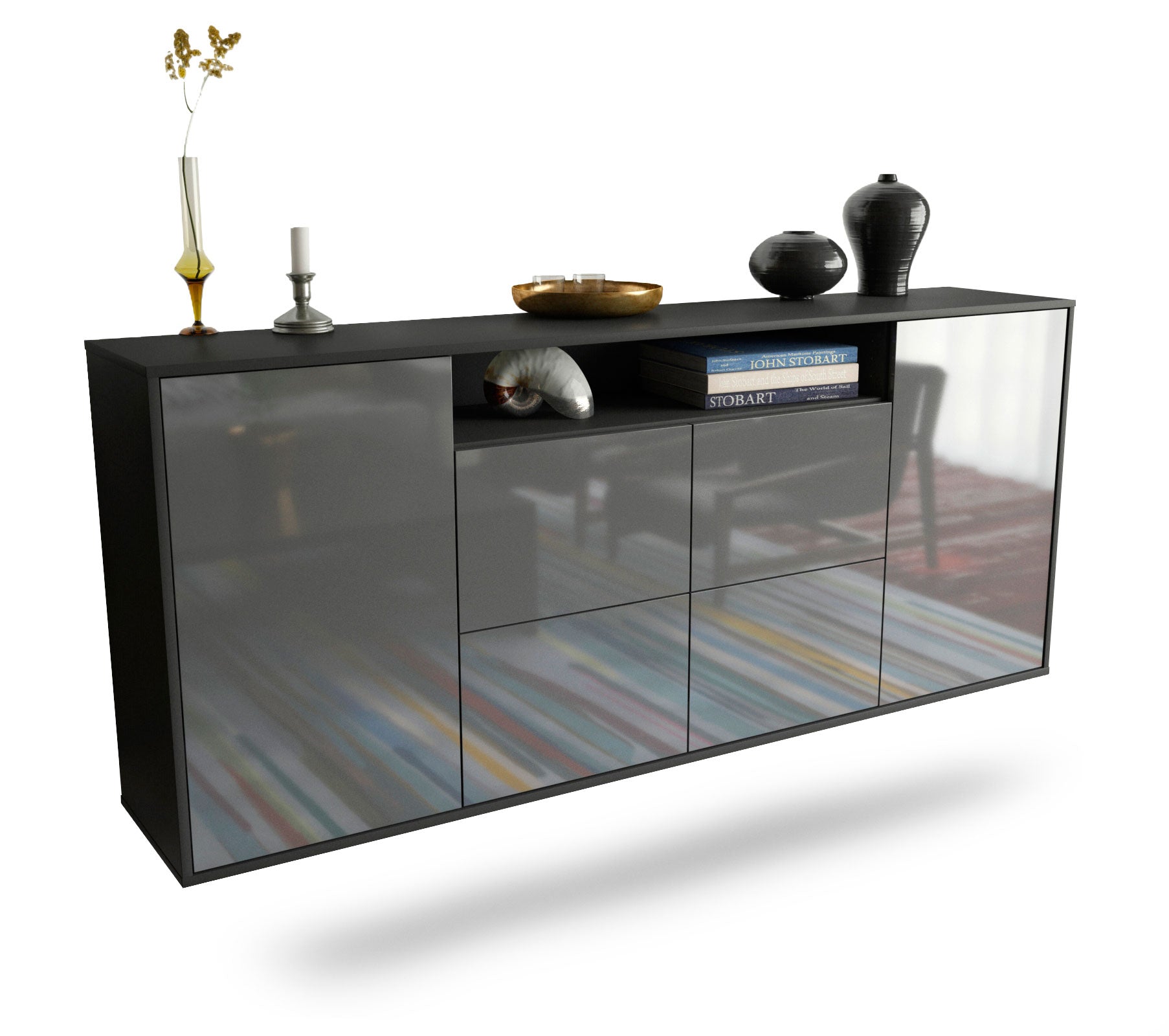 Sideboard Carrollton | hängend | Korpus Anthrazit | Front in Hochglanz Grau | 180x79x35cm (BxHxT) 1 Sideboard Carrollton | hängend | Korpus Anthrazit | Front in Hochglanz Grau | 180x79x35cm (BxHxT)