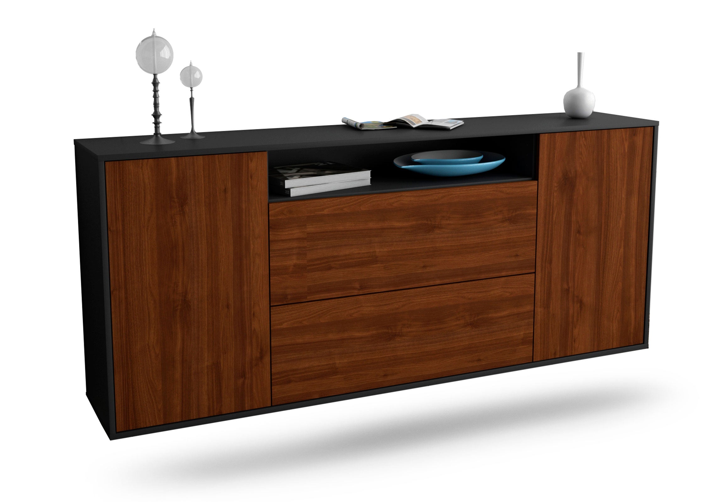 Sideboard Thousand Oaks | hängend | Korpus Anthrazit | Front in Walnuss Holz Optik | 180x79x35cm (BxHxT) 1 Sideboard Thousand Oaks | hängend | Korpus Anthrazit | Front in Walnuss Holz Optik | 180x79x35cm (BxHxT)