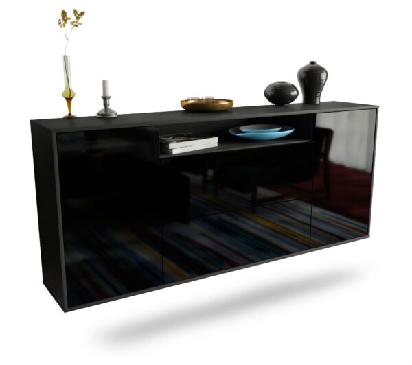 Sideboard Thousand Oaks | hängend | Korpus Anthrazit | Front in Hochglanz Schwarz | 180x79x35cm (BxHxT)