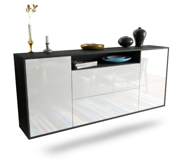Sideboard Thousand Oaks | hängend | Korpus Anthrazit | Front in Hochglanz Weiß | 180x79x35cm (BxHxT)