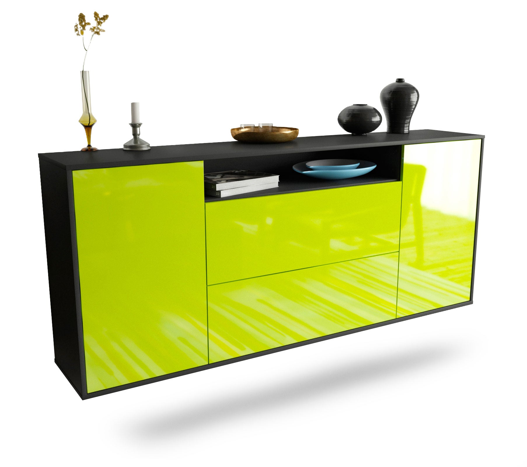 Sideboard Thousand Oaks | hängend | Korpus Anthrazit | Front in Hochglanz Grün | 180x79x35cm (BxHxT) 1 Sideboard Thousand Oaks | hängend | Korpus Anthrazit | Front in Hochglanz Grün | 180x79x35cm (BxHxT)