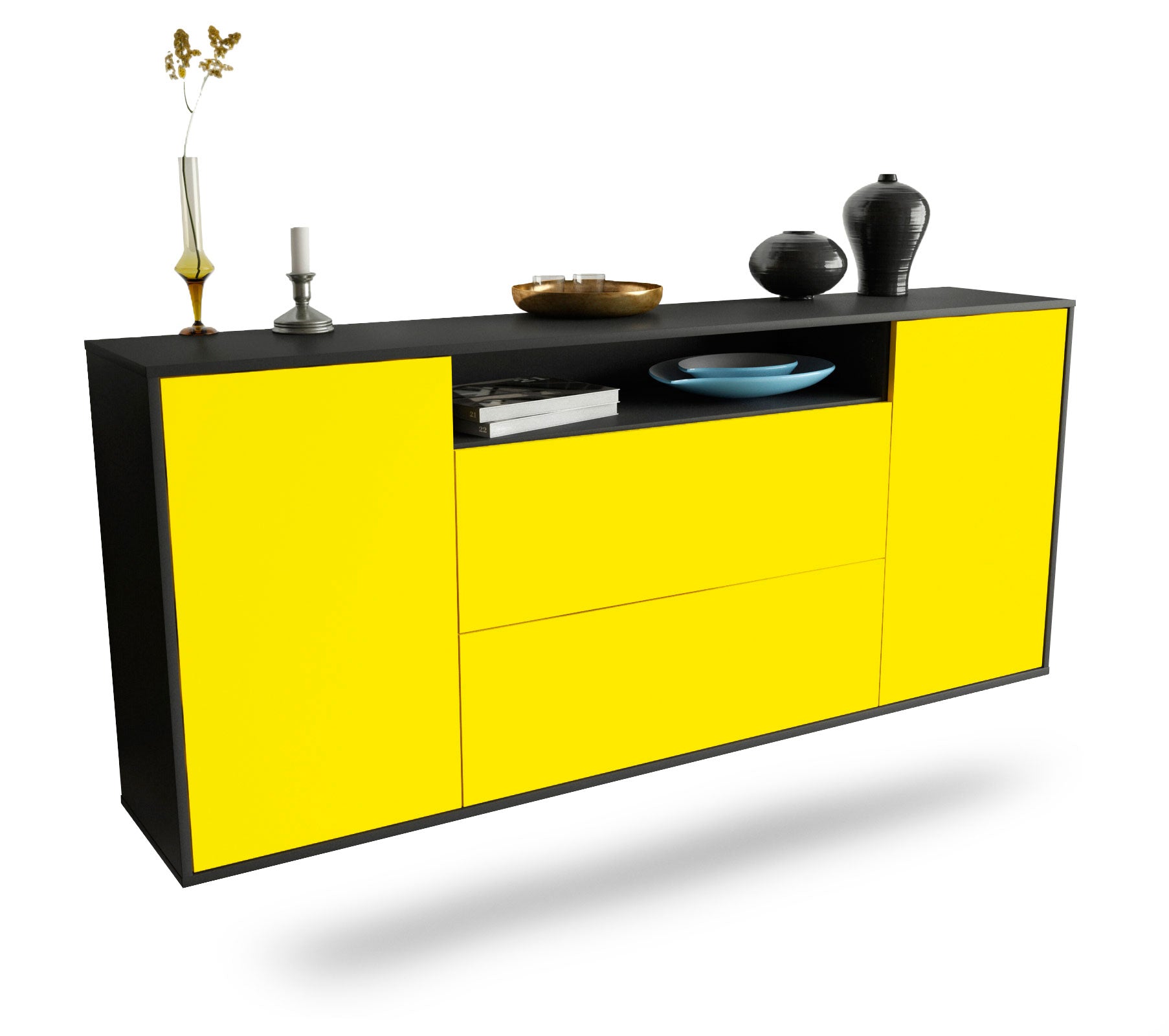 Sideboard Thousand Oaks | hängend | Korpus Anthrazit | Front in Gelb | 180x79x35cm (BxHxT) 1 Sideboard Thousand Oaks | hängend | Korpus Anthrazit | Front in Gelb | 180x79x35cm (BxHxT)