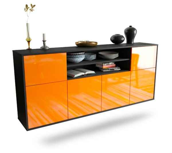 Sideboard Topeka | hängend | Korpus Anthrazit | Front in Hochglanz Orange | 180x79x35cm (BxHxT)