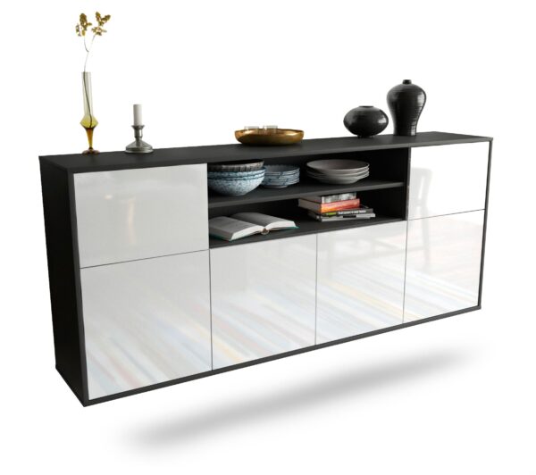 Sideboard Topeka | hängend | Korpus Anthrazit | Front in Hochglanz Weiß | 180x79x35cm (BxHxT)