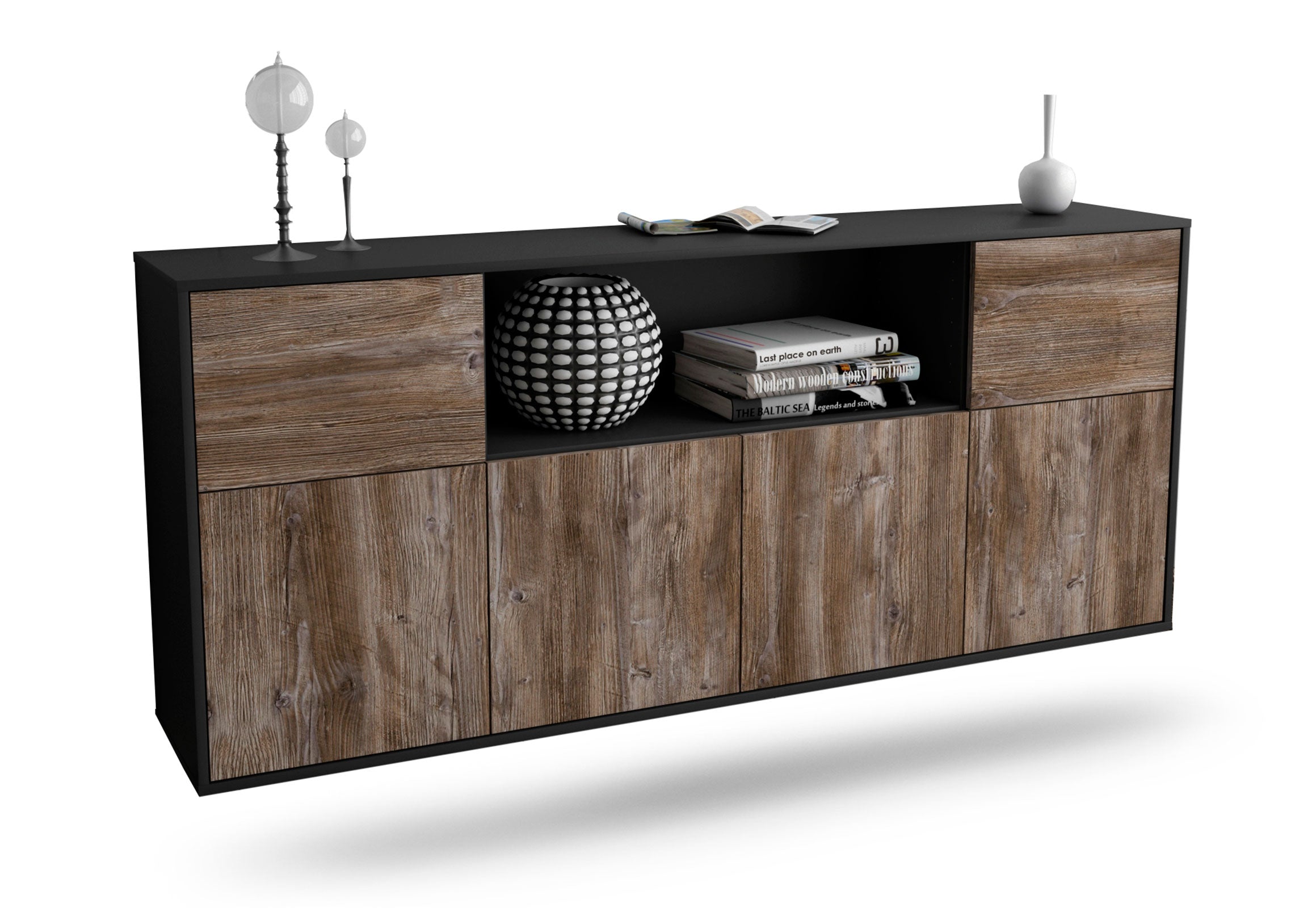 Sideboard West Valley City | hängend | Korpus Anthrazit | Front in Treibholz Holz Optik | 180x79x35cm (BxHxT) 1 Sideboard West Valley City | hängend | Korpus Anthrazit | Front in Treibholz Holz Optik | 180x79x35cm (BxHxT)