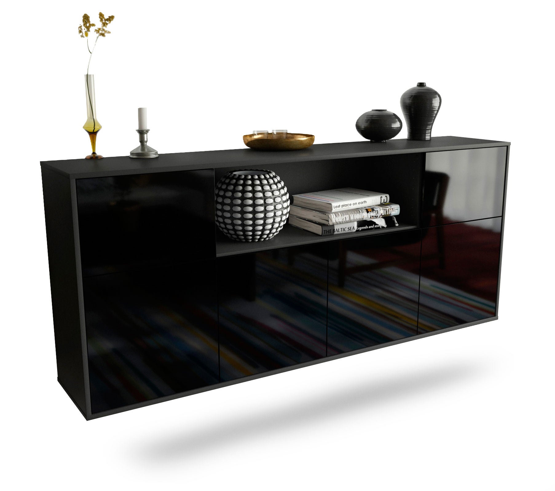 Sideboard West Valley City | hängend | Korpus Anthrazit | Front in Hochglanz Schwarz | 180x79x35cm (BxHxT) 1 Sideboard West Valley City | hängend | Korpus Anthrazit | Front in Hochglanz Schwarz | 180x79x35cm (BxHxT)