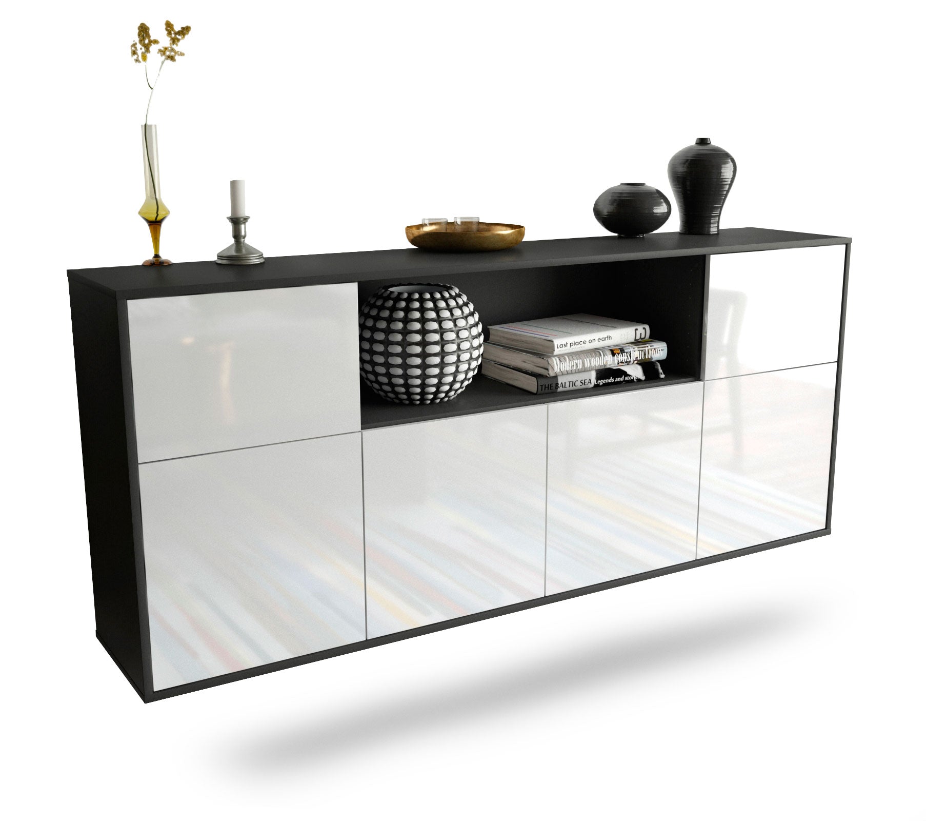 Sideboard West Valley City | hängend | Korpus Anthrazit | Front in Hochglanz Weiß | 180x79x35cm (BxHxT) 1 Sideboard West Valley City | hängend | Korpus Anthrazit | Front in Hochglanz Weiß | 180x79x35cm (BxHxT)