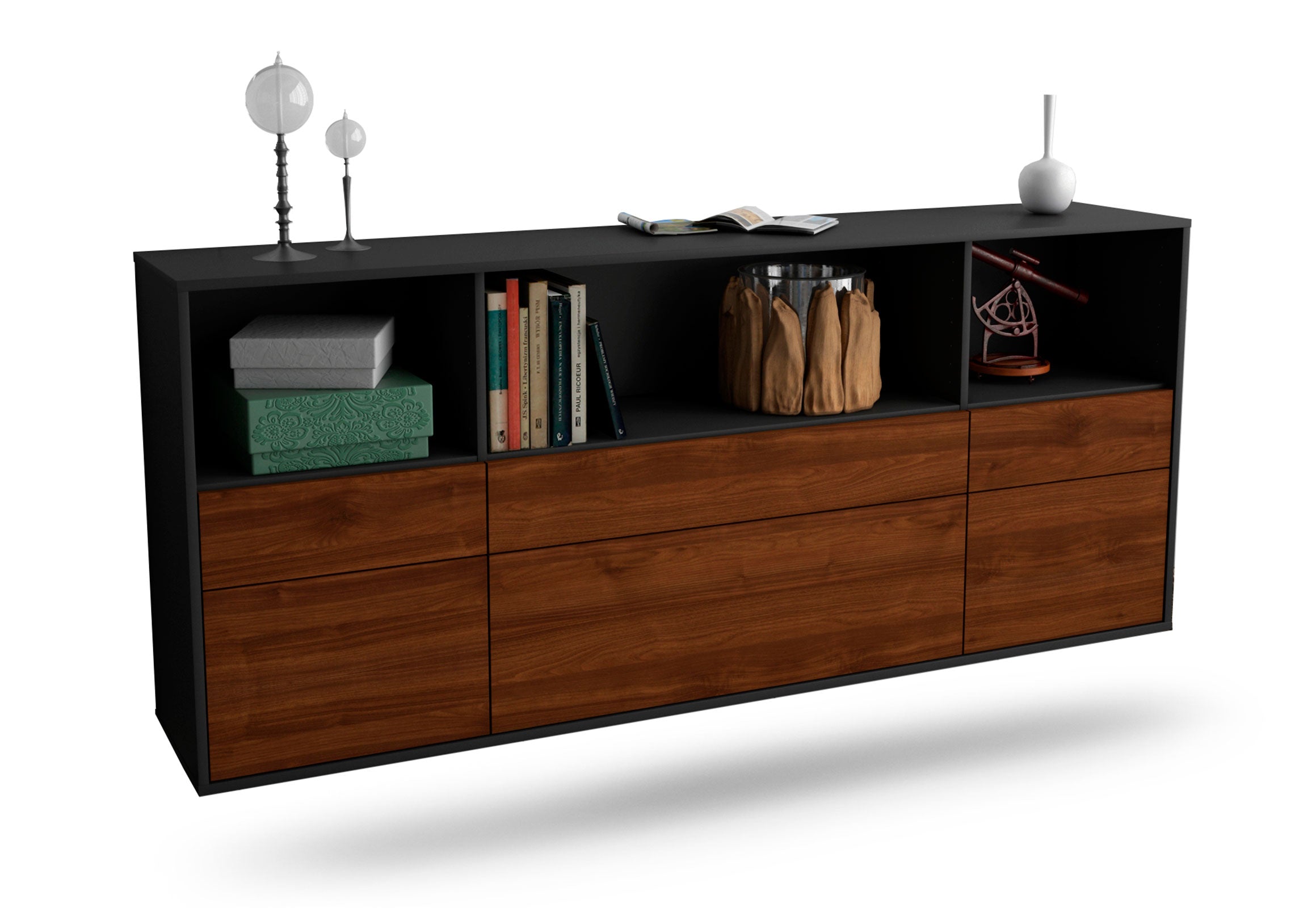 Sideboard Cary | hängend | Korpus Anthrazit | Front in Walnuss Holz Optik | 180x79x35cm (BxHxT) 1 Sideboard Cary | hängend | Korpus Anthrazit | Front in Walnuss Holz Optik | 180x79x35cm (BxHxT)