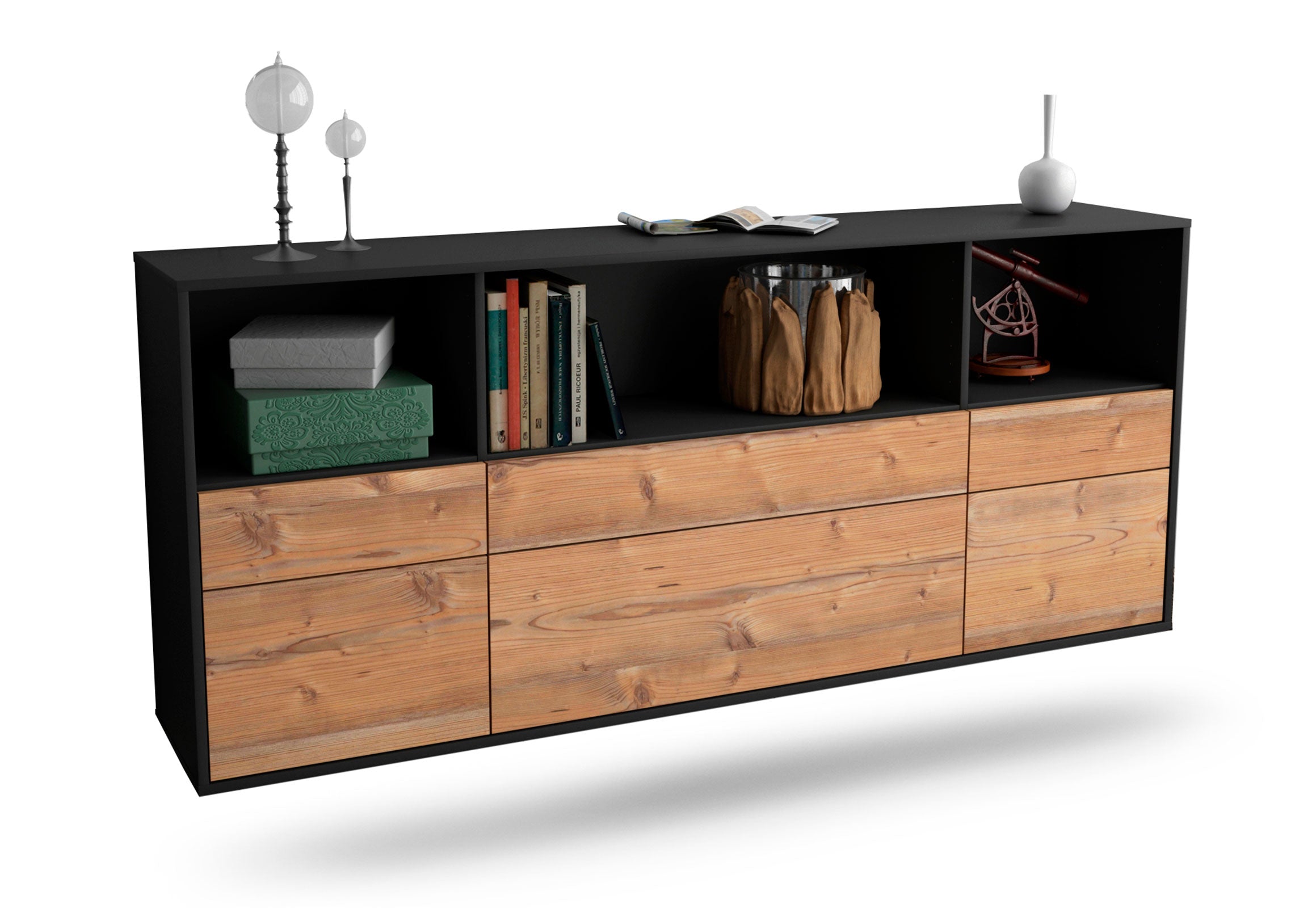Sideboard Cary | hängend | Korpus Anthrazit | Front in Pinie Holz Optik | 180x79x35cm (BxHxT) 1 Sideboard Cary | hängend | Korpus Anthrazit | Front in Pinie Holz Optik | 180x79x35cm (BxHxT)
