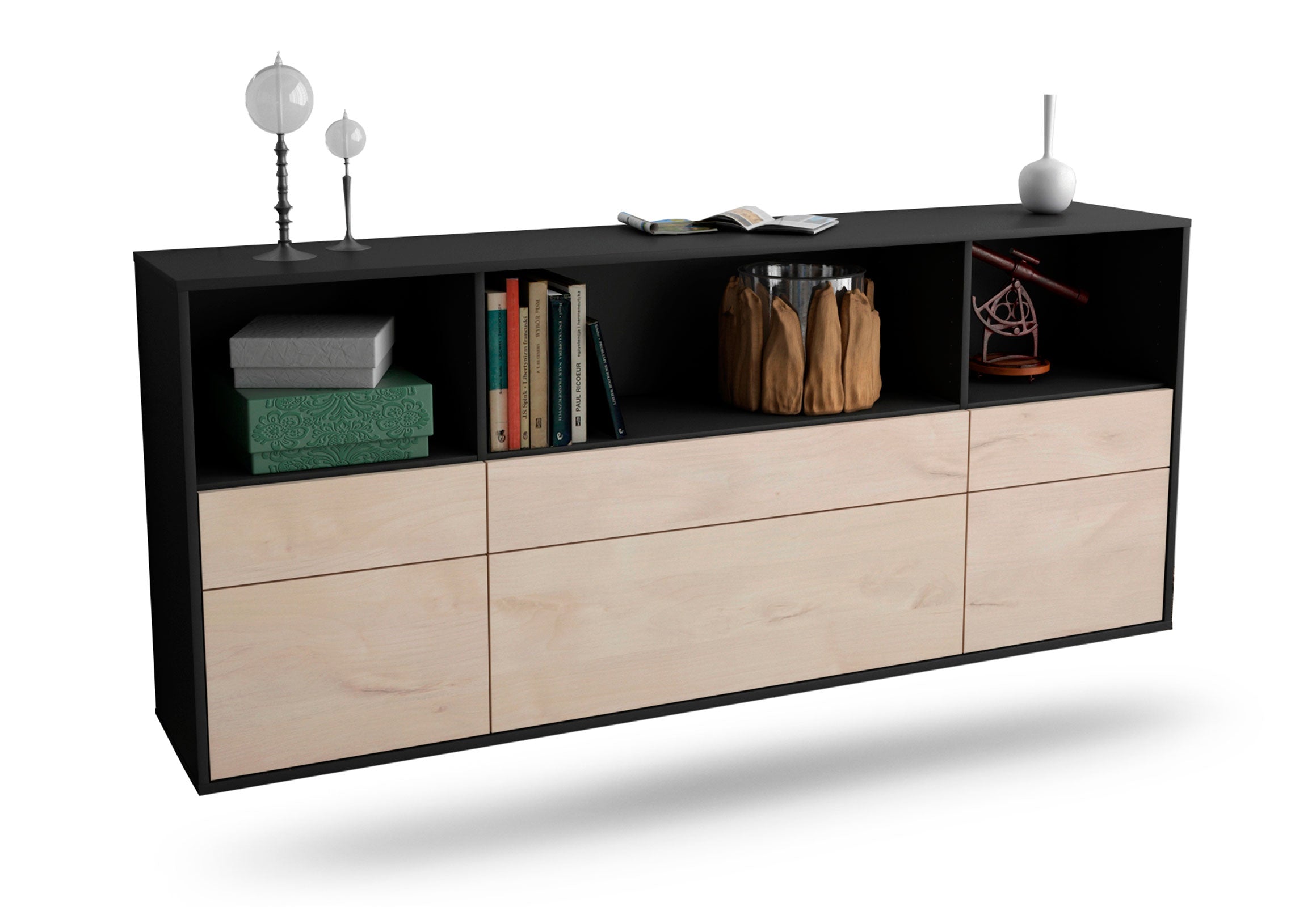 Sideboard Cary | hängend | Korpus Anthrazit | Front in Zeder Holz Optik | 180x79x35cm (BxHxT) 1 Sideboard Cary | hängend | Korpus Anthrazit | Front in Zeder Holz Optik | 180x79x35cm (BxHxT)