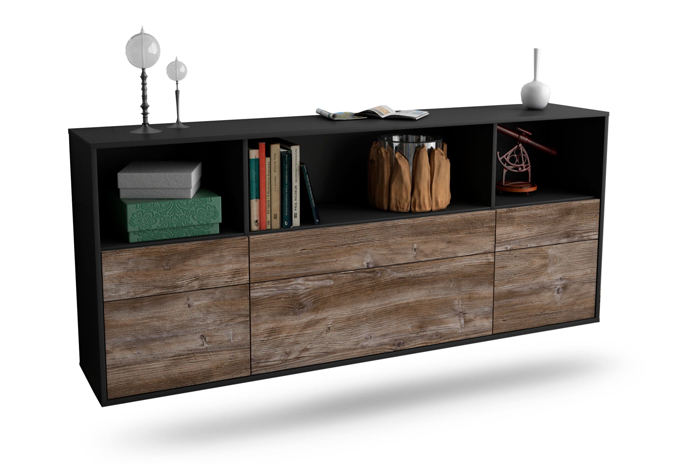 Sideboard Cary | hängend | Korpus Anthrazit | Front in Treibholz Holz Optik | 180x79x35cm (BxHxT) 1 Sideboard Cary | hängend | Korpus Anthrazit | Front in Treibholz Holz Optik | 180x79x35cm (BxHxT)