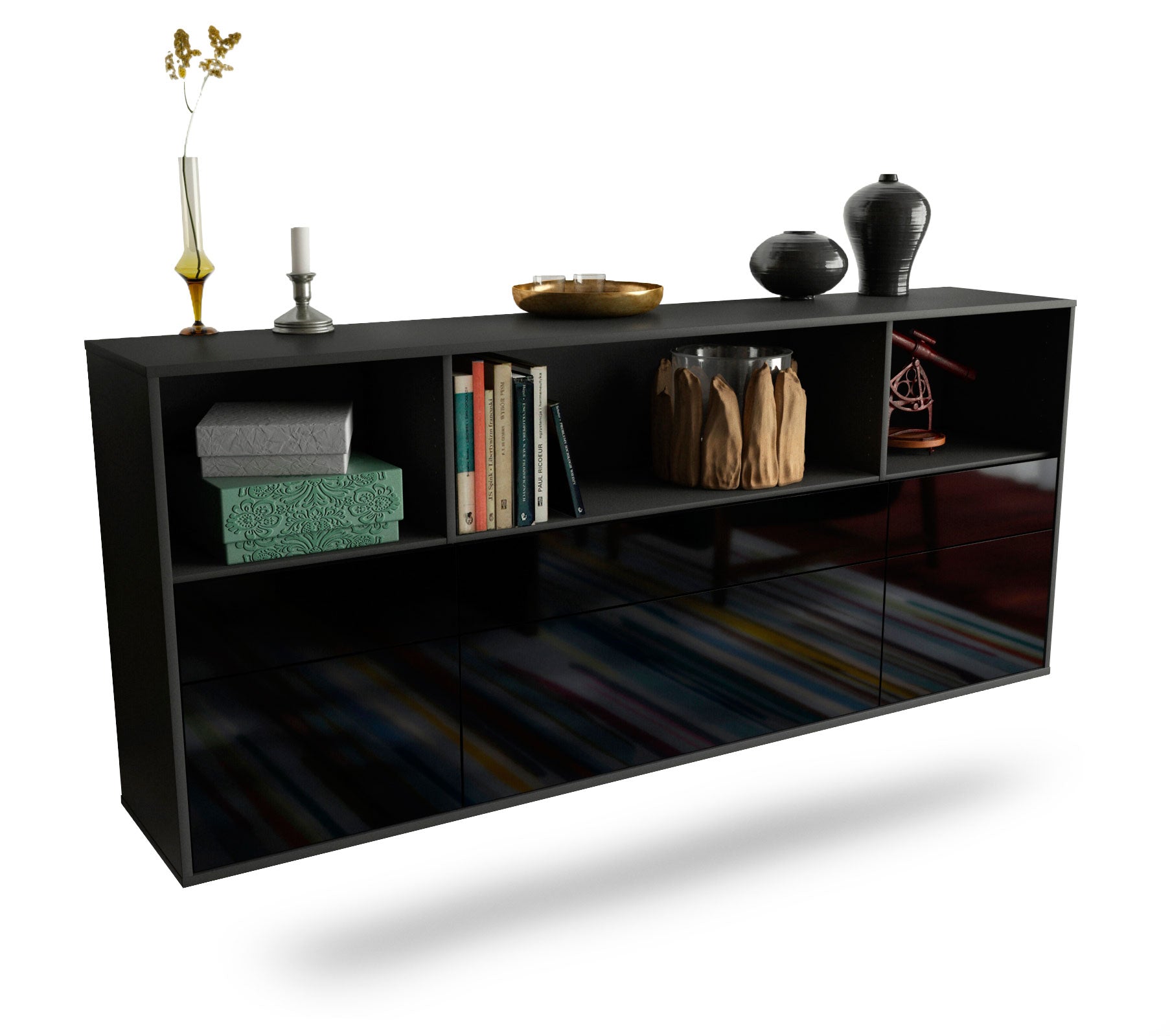Sideboard Cary | hängend | Korpus Anthrazit | Front in Hochglanz Schwarz | 180x79x35cm (BxHxT) 1 Sideboard Cary | hängend | Korpus Anthrazit | Front in Hochglanz Schwarz | 180x79x35cm (BxHxT)