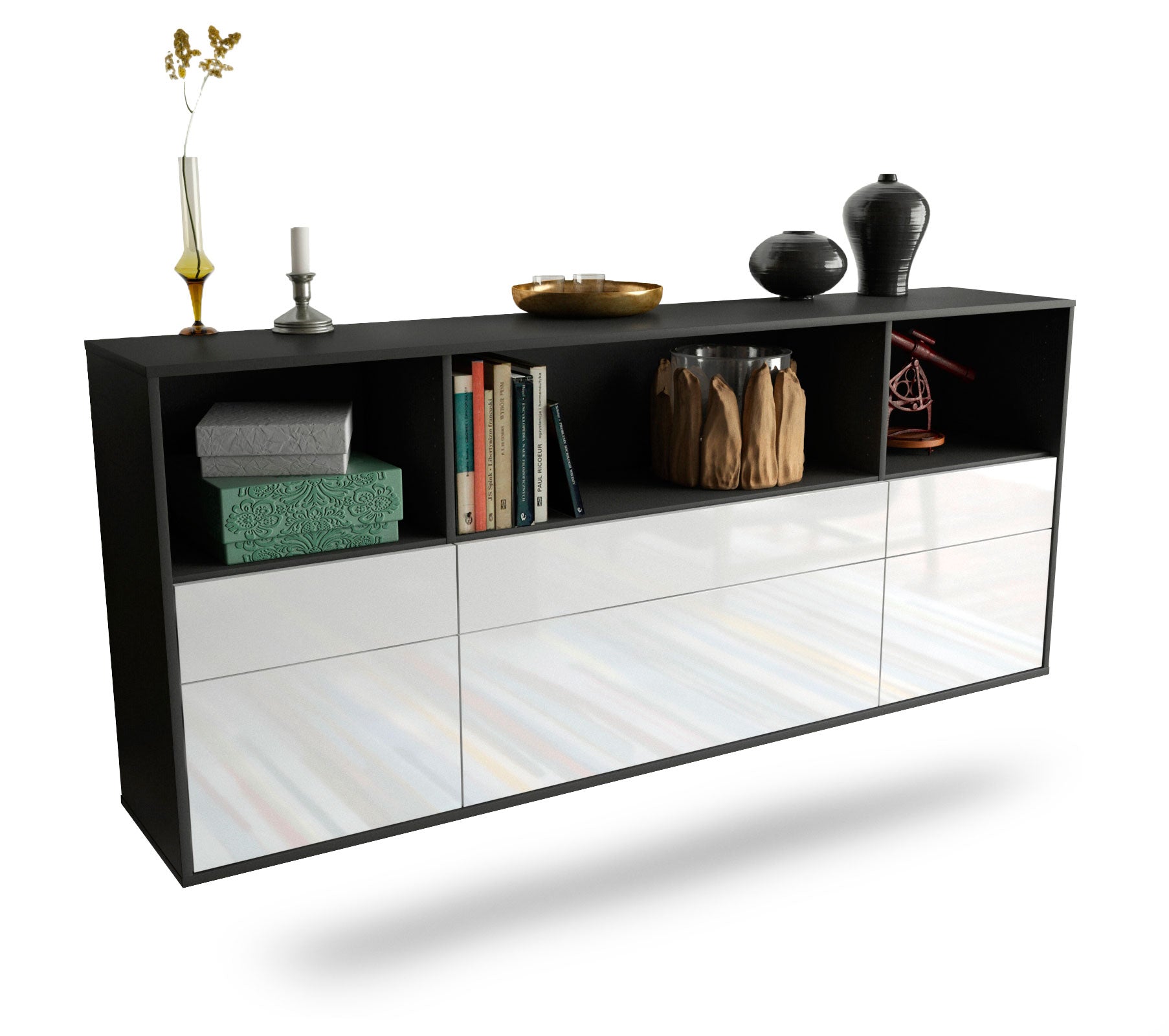 Sideboard Cary | hängend | Korpus Anthrazit | Front in Hochglanz Weiß | 180x79x35cm (BxHxT) 1 Sideboard Cary | hängend | Korpus Anthrazit | Front in Hochglanz Weiß | 180x79x35cm (BxHxT)