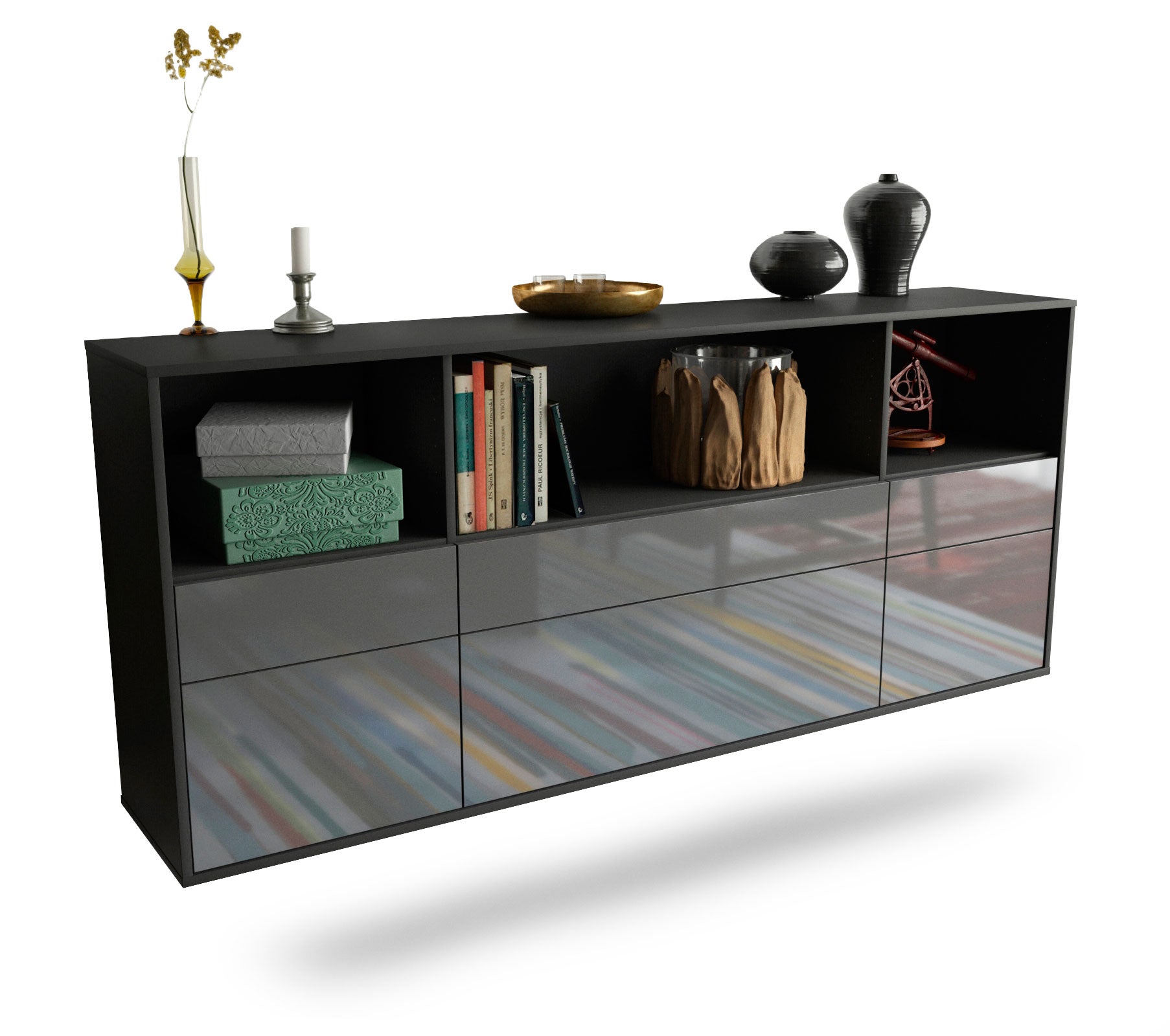 Sideboard Cary | hängend | Korpus Anthrazit | Front in Hochglanz Grau | 180x79x35cm (BxHxT) 1 Sideboard Cary | hängend | Korpus Anthrazit | Front in Hochglanz Grau | 180x79x35cm (BxHxT)