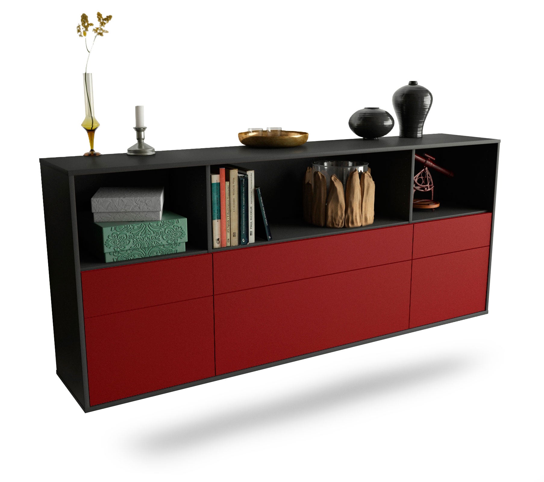 Sideboard Cary | hängend | Korpus Anthrazit | Front in Bordeaux | 180x79x35cm (BxHxT) 1 Sideboard Cary | hängend | Korpus Anthrazit | Front in Bordeaux | 180x79x35cm (BxHxT)