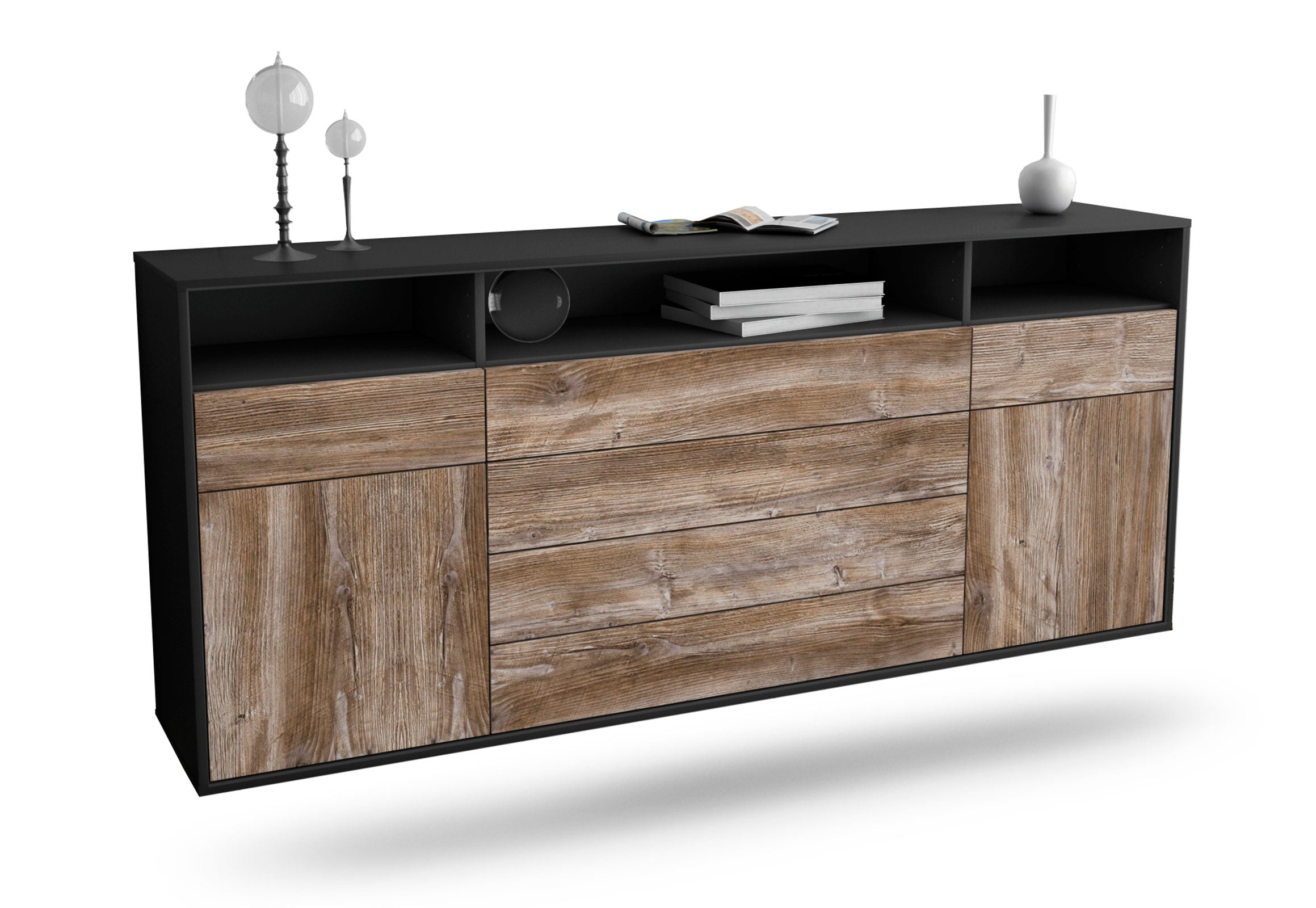 Sideboard Bellevue | hängend | Korpus Anthrazit | Front in Treibholz Holz Optik | 180x79x35cm (BxHxT) 1 Sideboard Bellevue | hängend | Korpus Anthrazit | Front in Treibholz Holz Optik | 180x79x35cm (BxHxT)