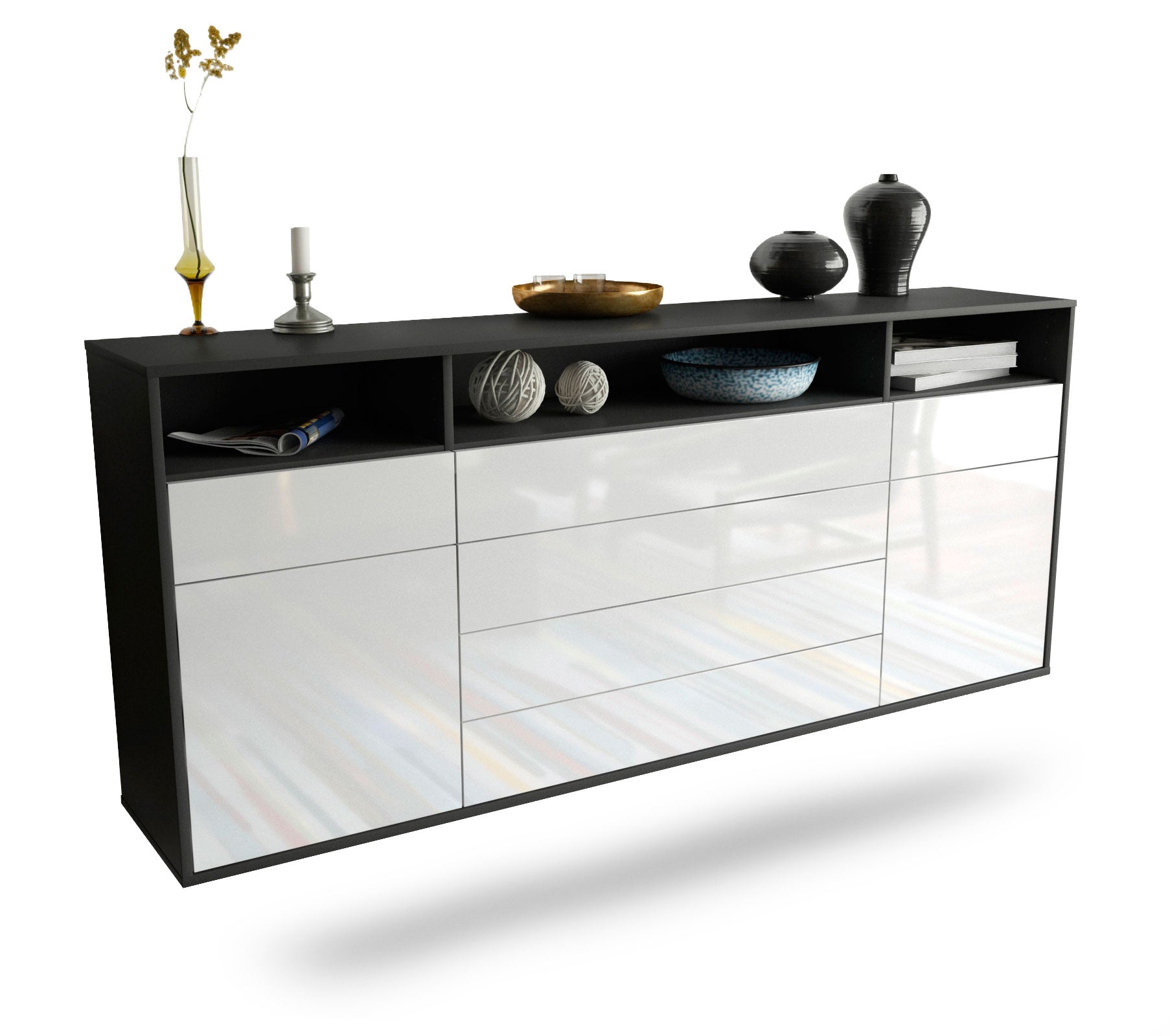 Sideboard Bellevue | hängend | Korpus Anthrazit | Front in Hochglanz Weiß | 180x79x35cm (BxHxT) 1 Sideboard Bellevue | hängend | Korpus Anthrazit | Front in Hochglanz Weiß | 180x79x35cm (BxHxT)