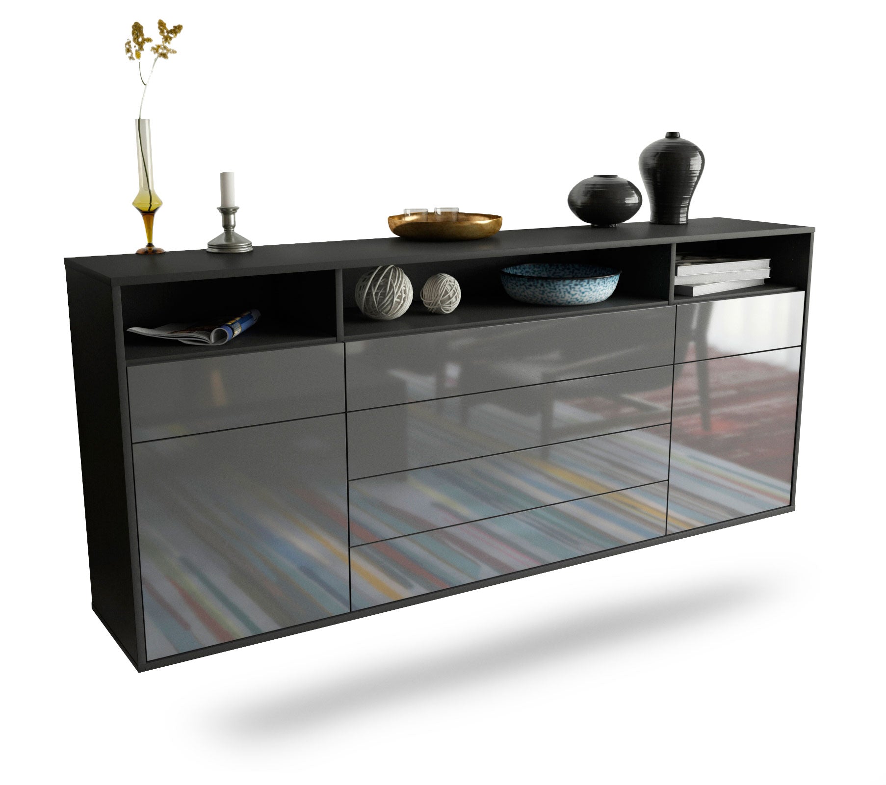Sideboard Bellevue | hängend | Korpus Anthrazit | Front in Hochglanz Grau | 180x79x35cm (BxHxT) 1 Sideboard Bellevue | hängend | Korpus Anthrazit | Front in Hochglanz Grau | 180x79x35cm (BxHxT)