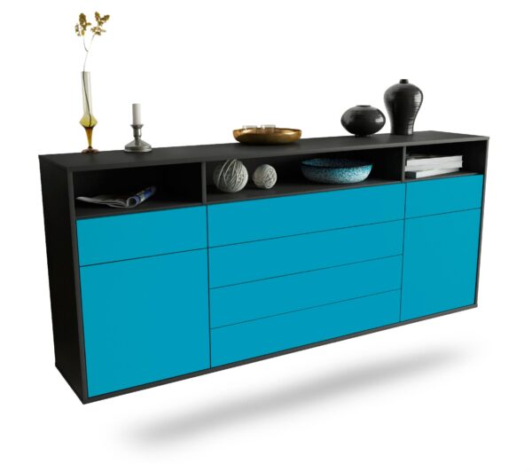 Sideboard Bellevue | hängend | Korpus Anthrazit | Front in Türkis | 180x79x35cm (BxHxT)