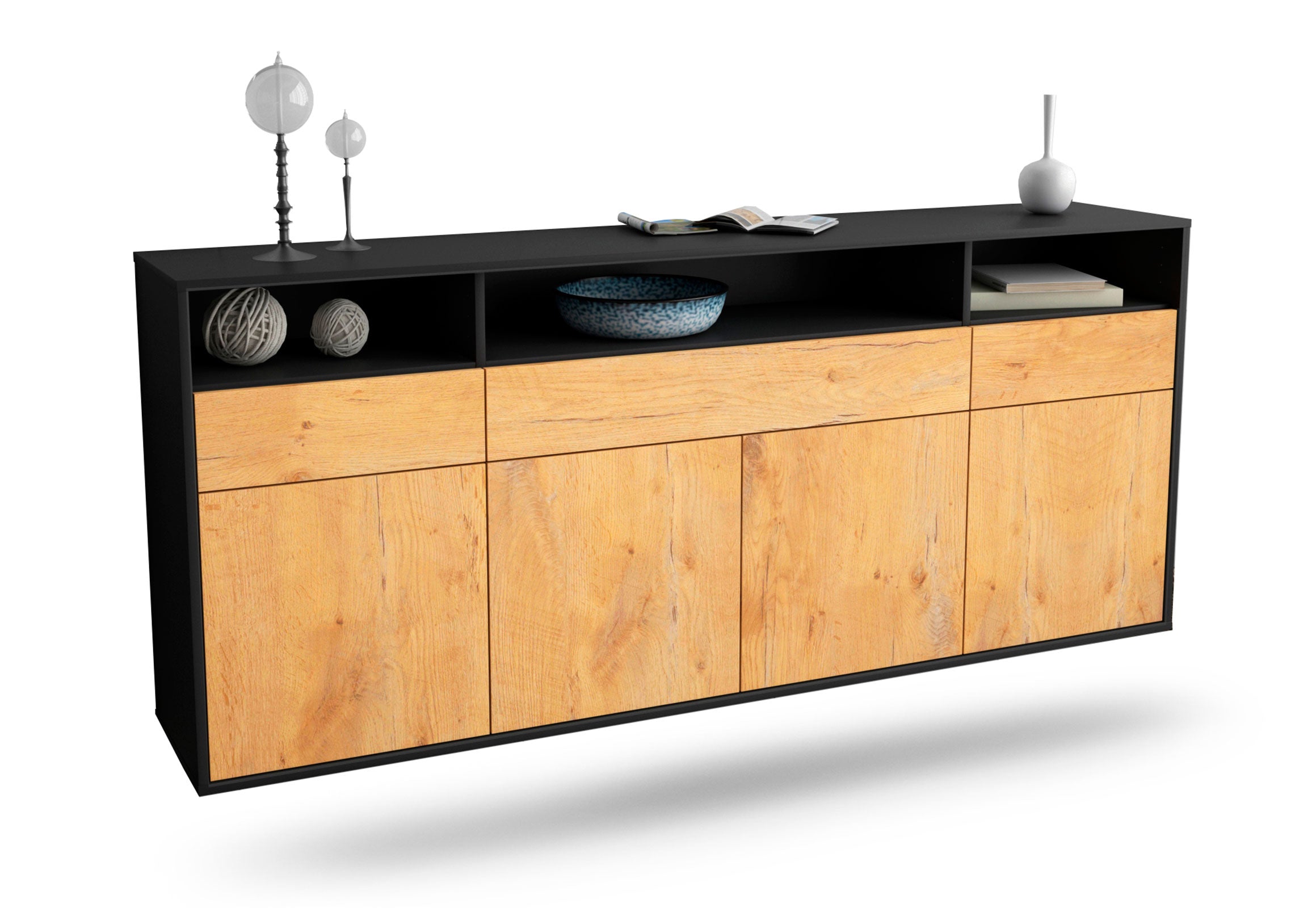 Sideboard Simi Valley | hängend | Korpus Anthrazit | Front in Eiche Holz Optik | 180x79x35cm (BxHxT) 1 Sideboard Simi Valley | hängend | Korpus Anthrazit | Front in Eiche Holz Optik | 180x79x35cm (BxHxT)