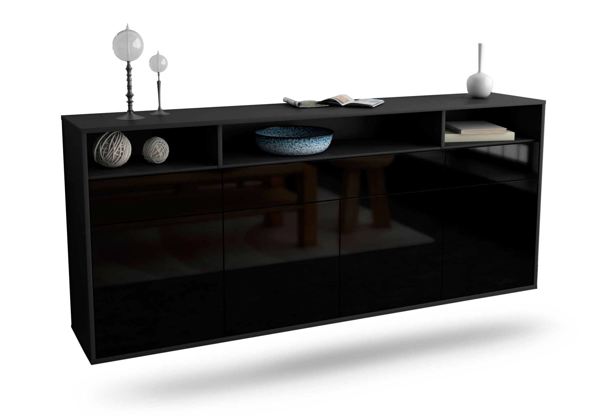 Sideboard Simi Valley | hängend | Korpus Anthrazit | Front in Hochglanz Schwarz | 180x79x35cm (BxHxT) 1 Sideboard Simi Valley | hängend | Korpus Anthrazit | Front in Hochglanz Schwarz | 180x79x35cm (BxHxT)